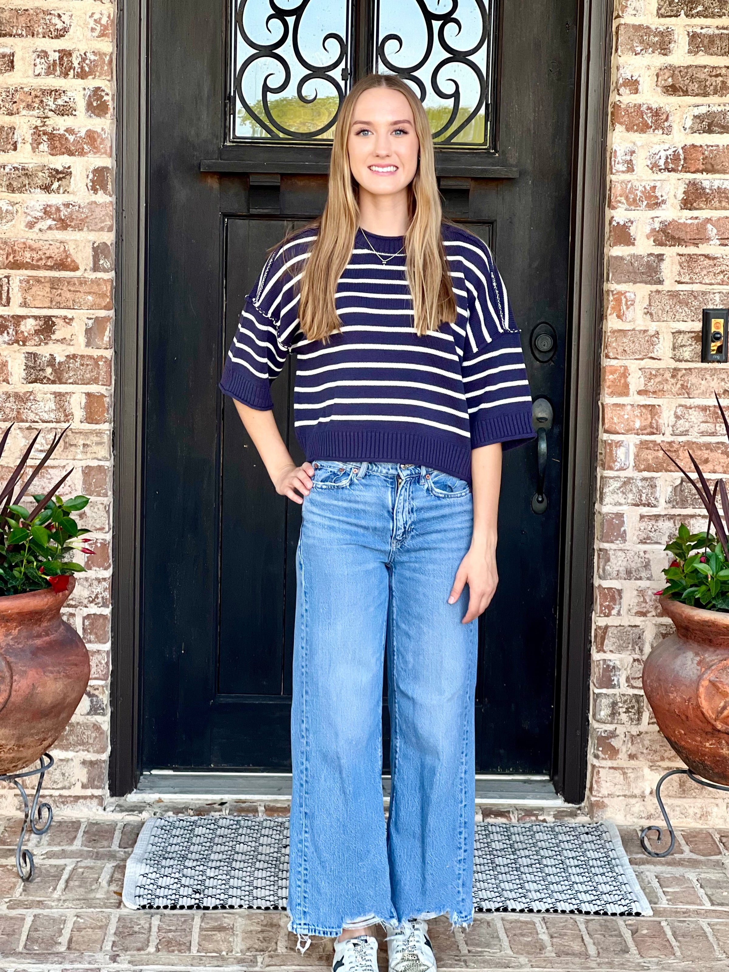 Navy Stripe Raw Edge Short Sleeve Sweater