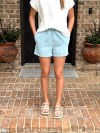 Elastic Waist Mineral Wash Denim Shorts