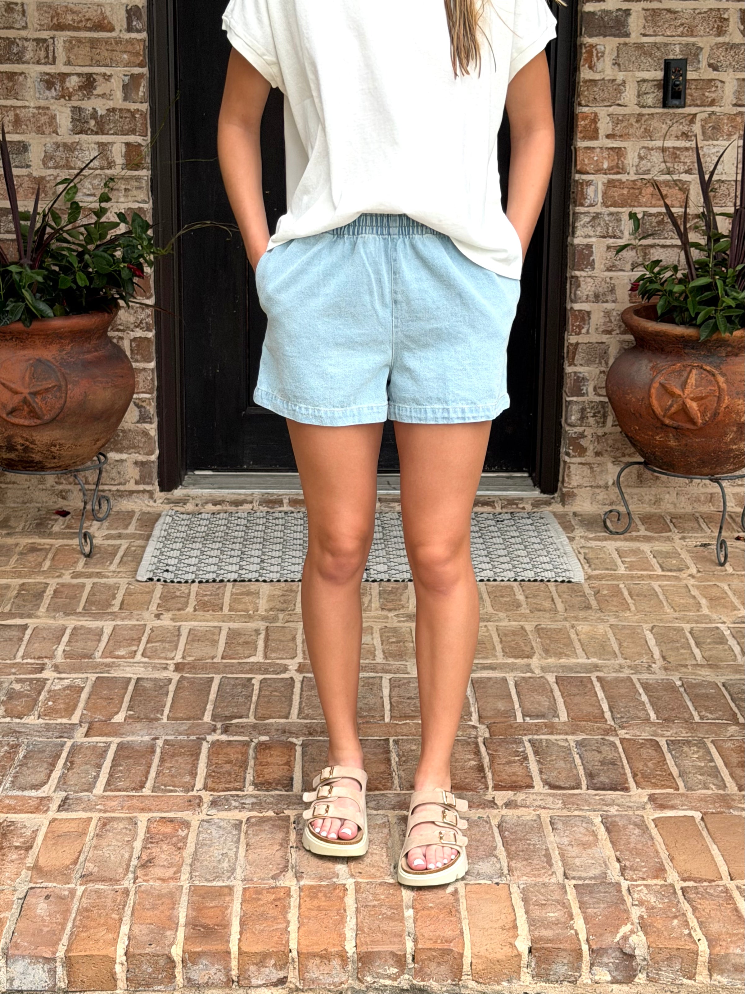 Elastic Waist Mineral Wash Denim Shorts