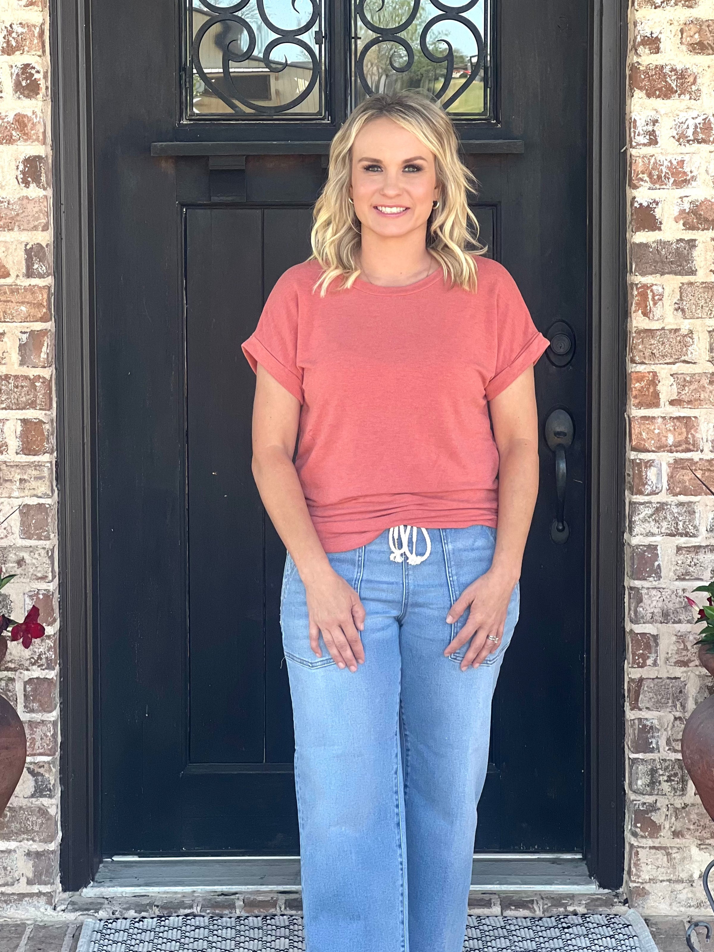 Rust Rollup Short Sleeve Soft Knit Top