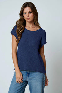 Navy Raw Sleeve Relaxed Sweater Knit Top