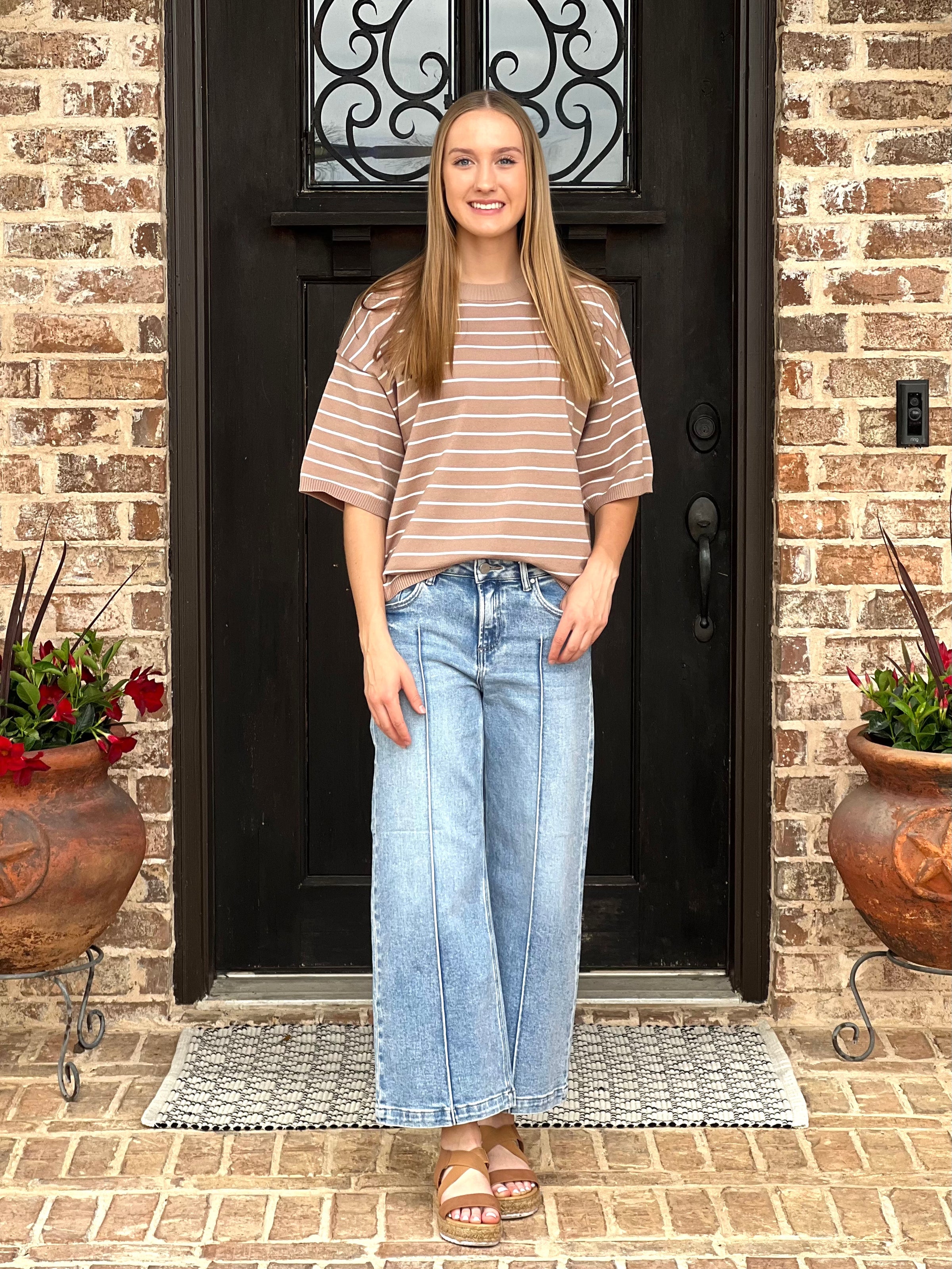 Taupe & White Striped Knit Top