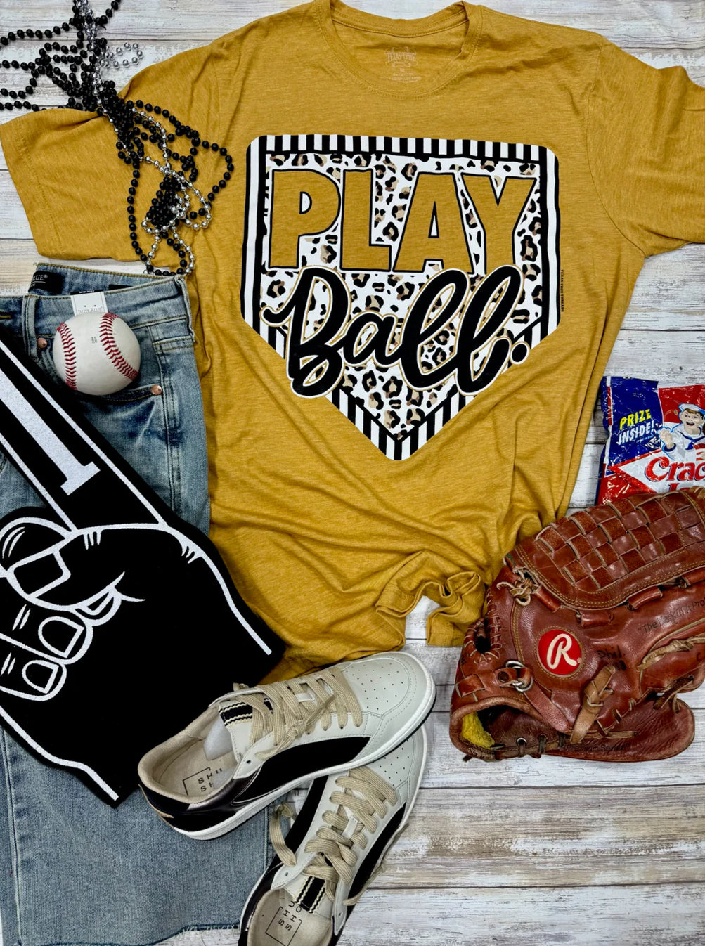 Gold Play Ball Leopard Homeplate Tee
