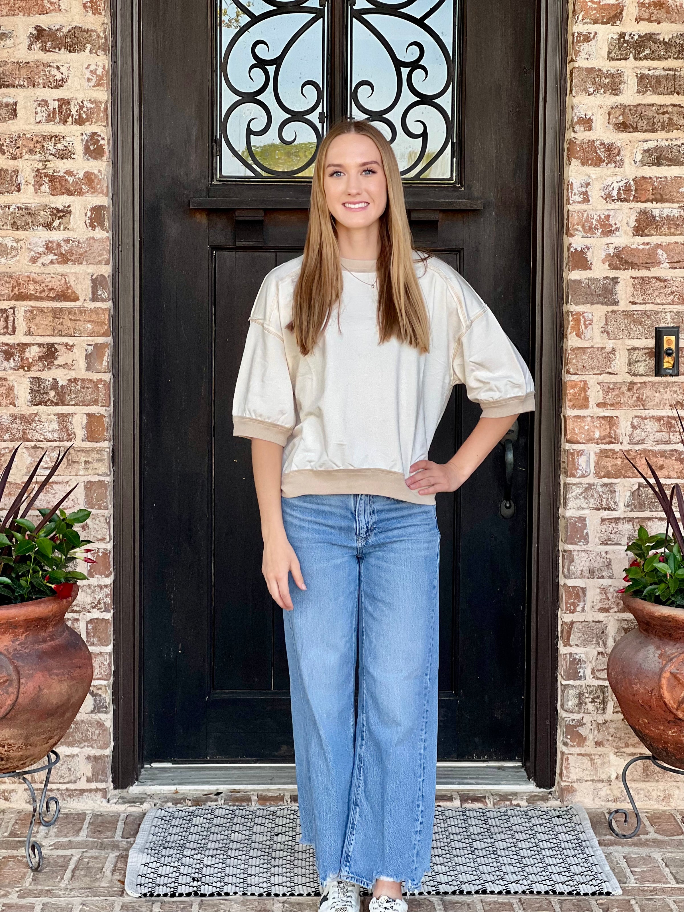 Cream Contrast Sleeve Raglan Top