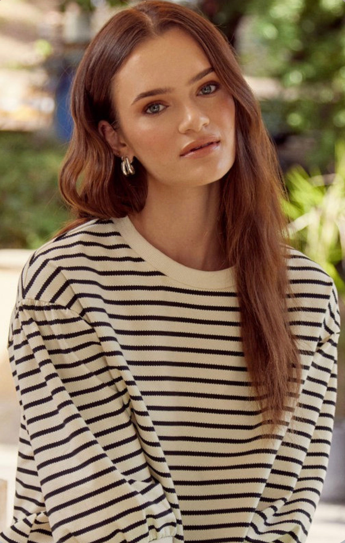 Black & Natural Striped Peasant Sleeve Top