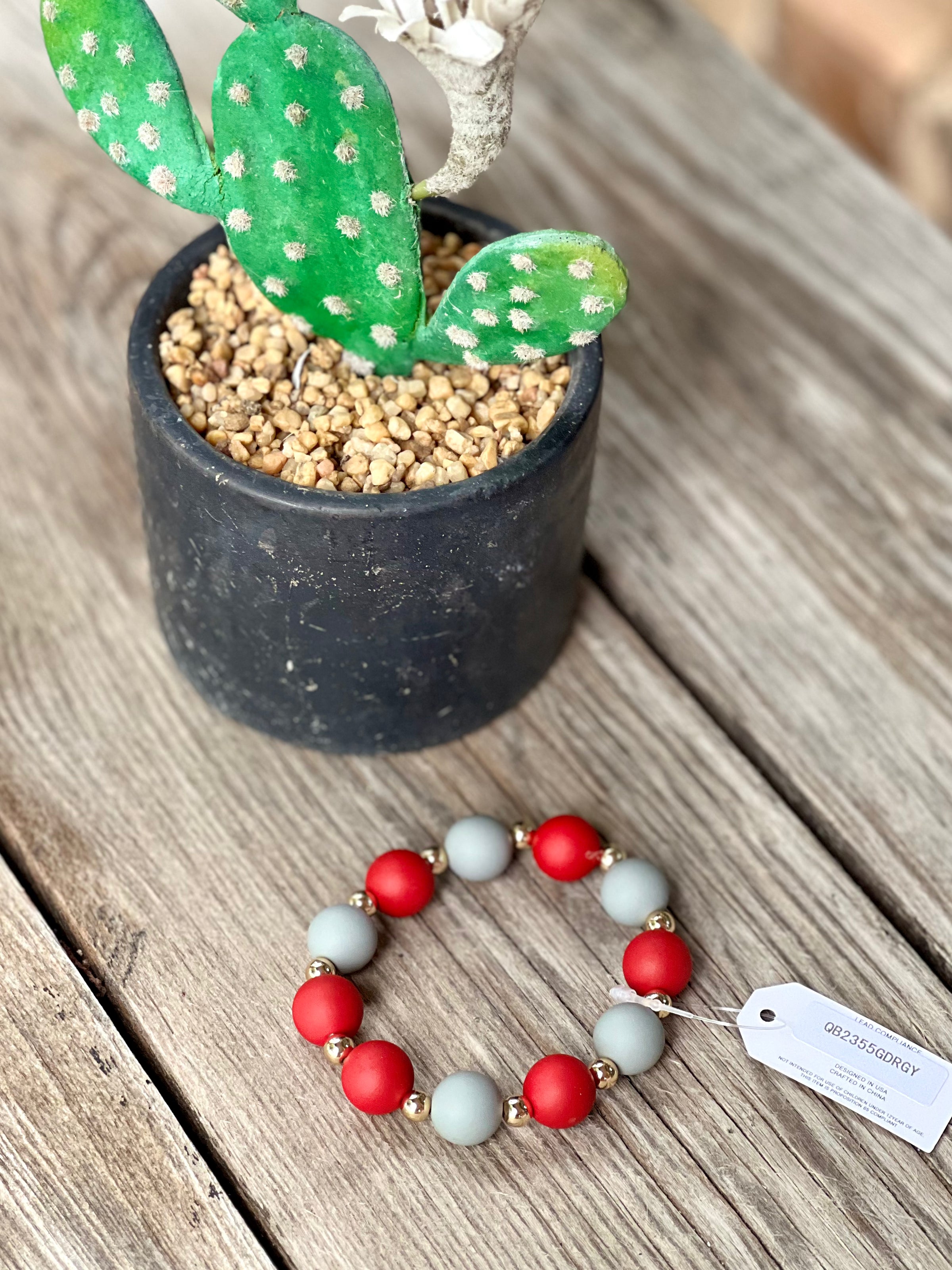 Red & Grey Ball Bead Stretch Bracelet