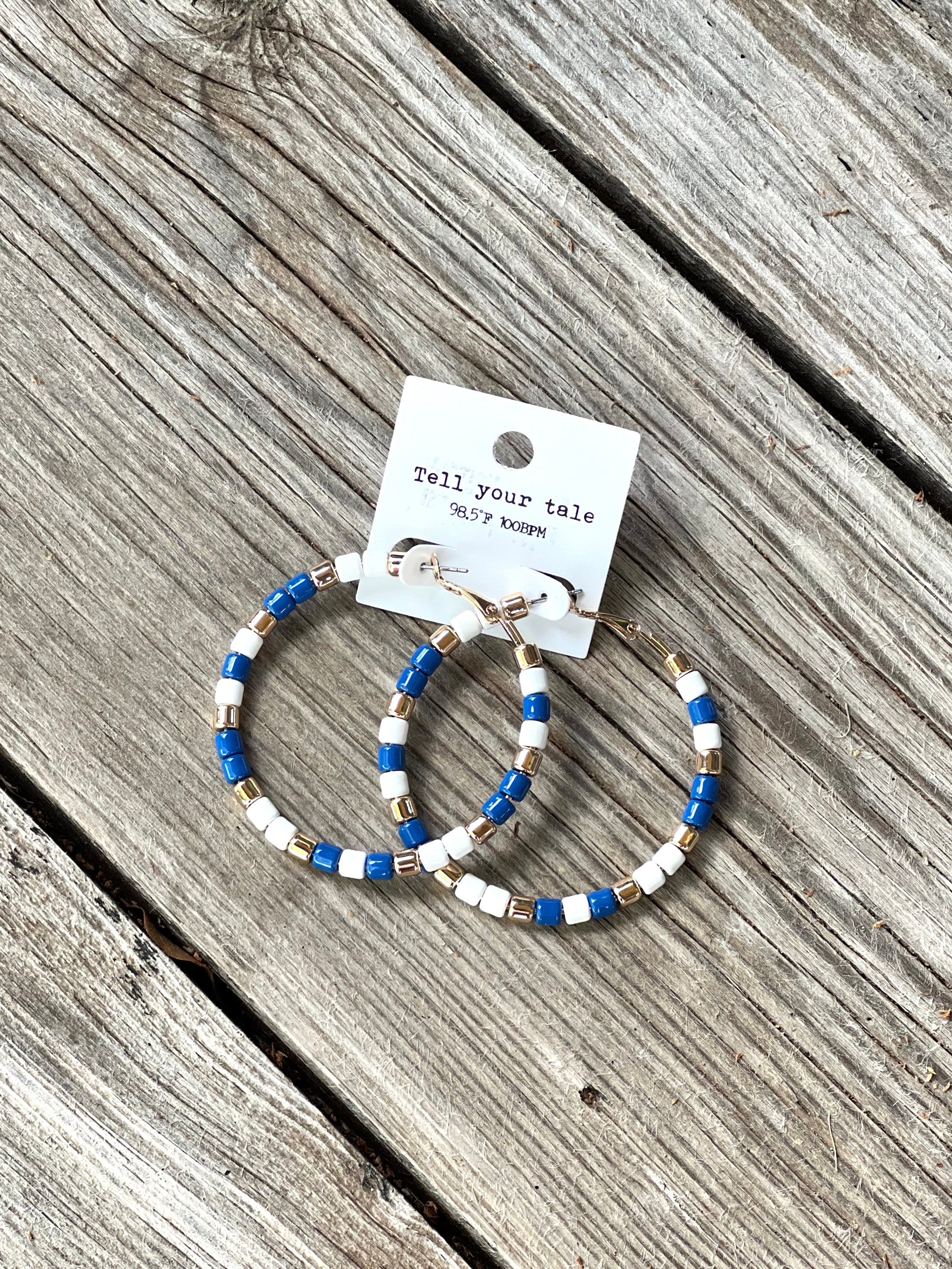 Blue White & Gold Bead Hoops