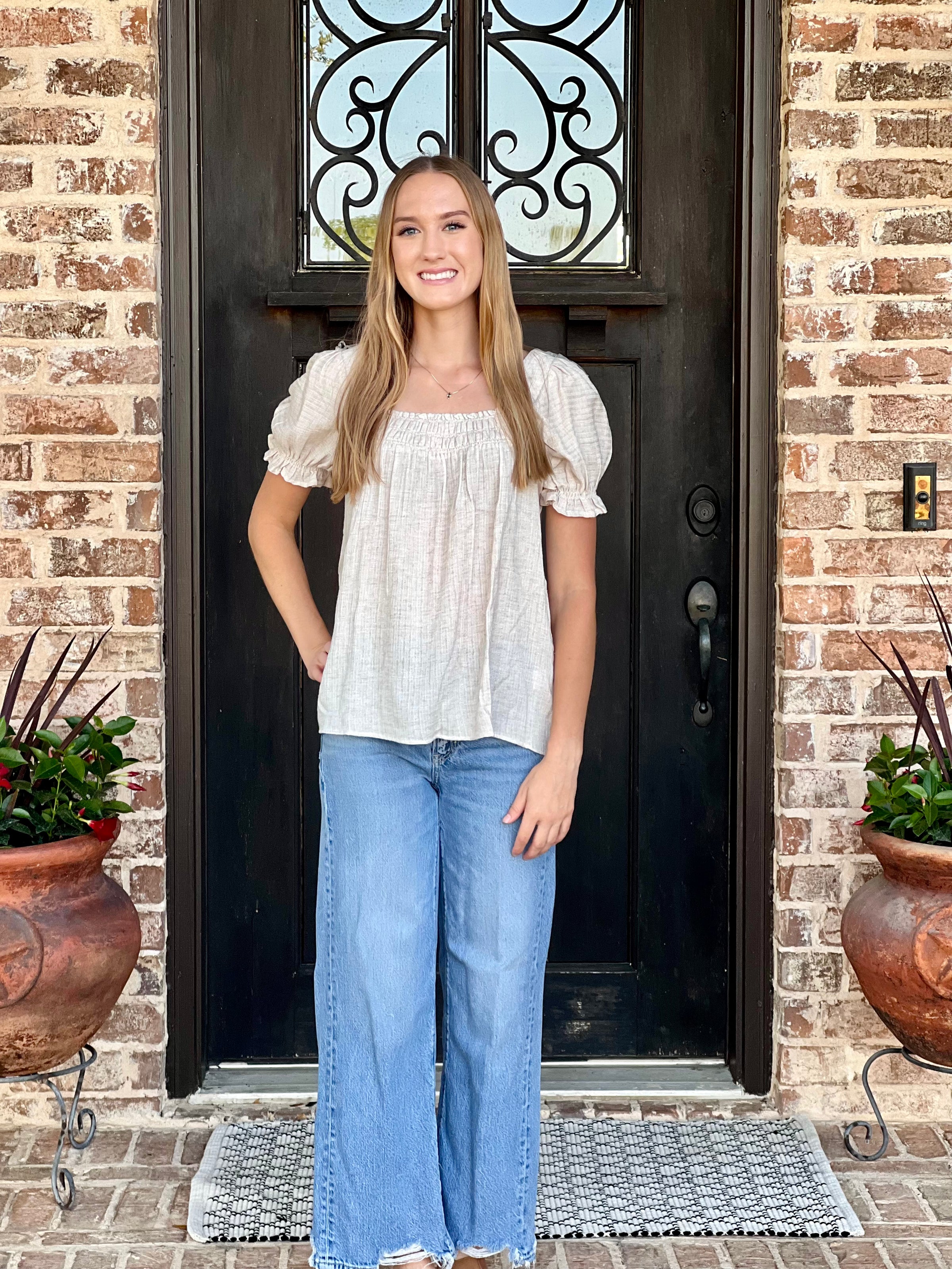 Oatmeal Smocked Chest Striped Linen Top
