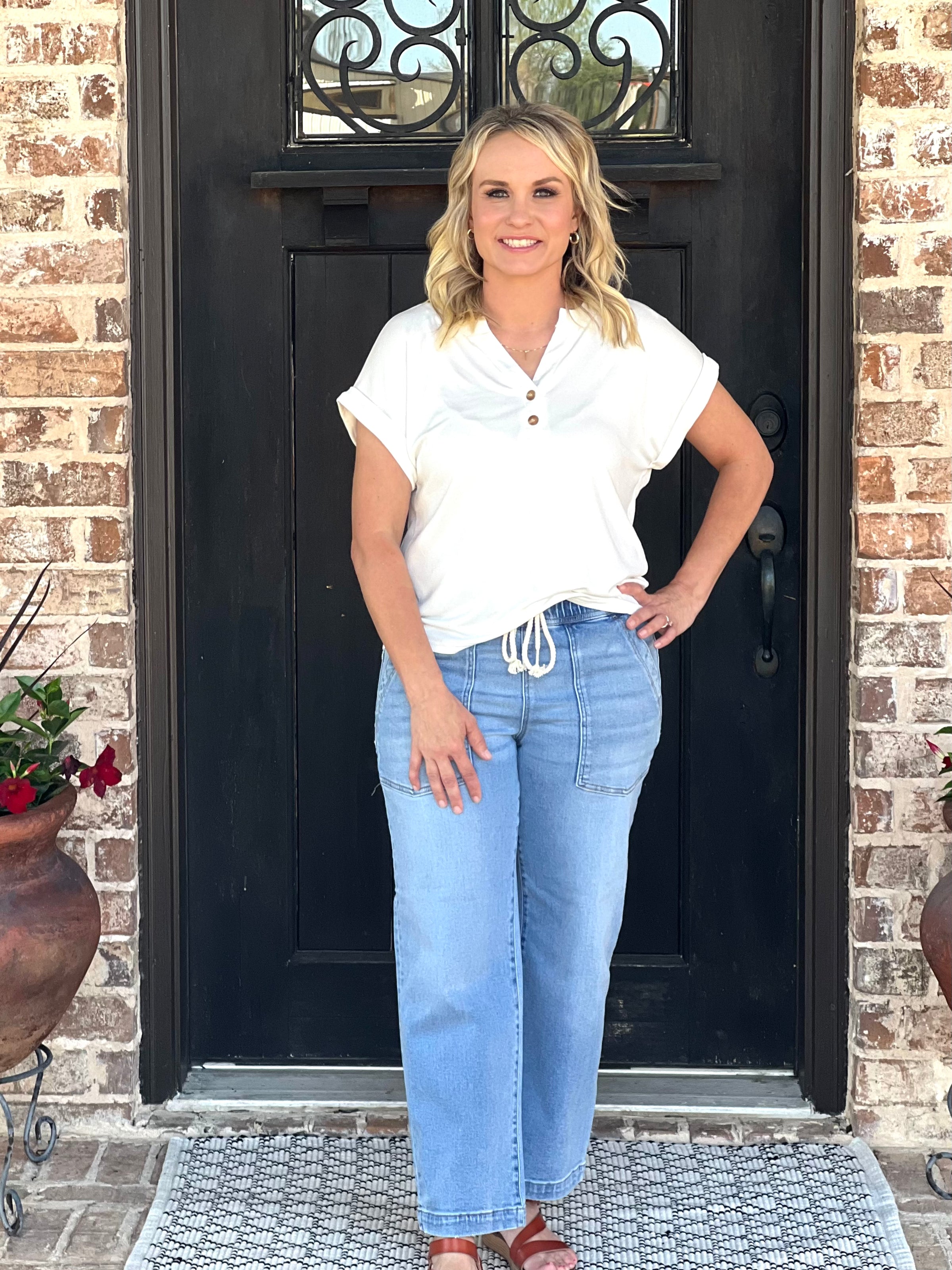 Ivory Henley Button Neck Short Sleeve Top