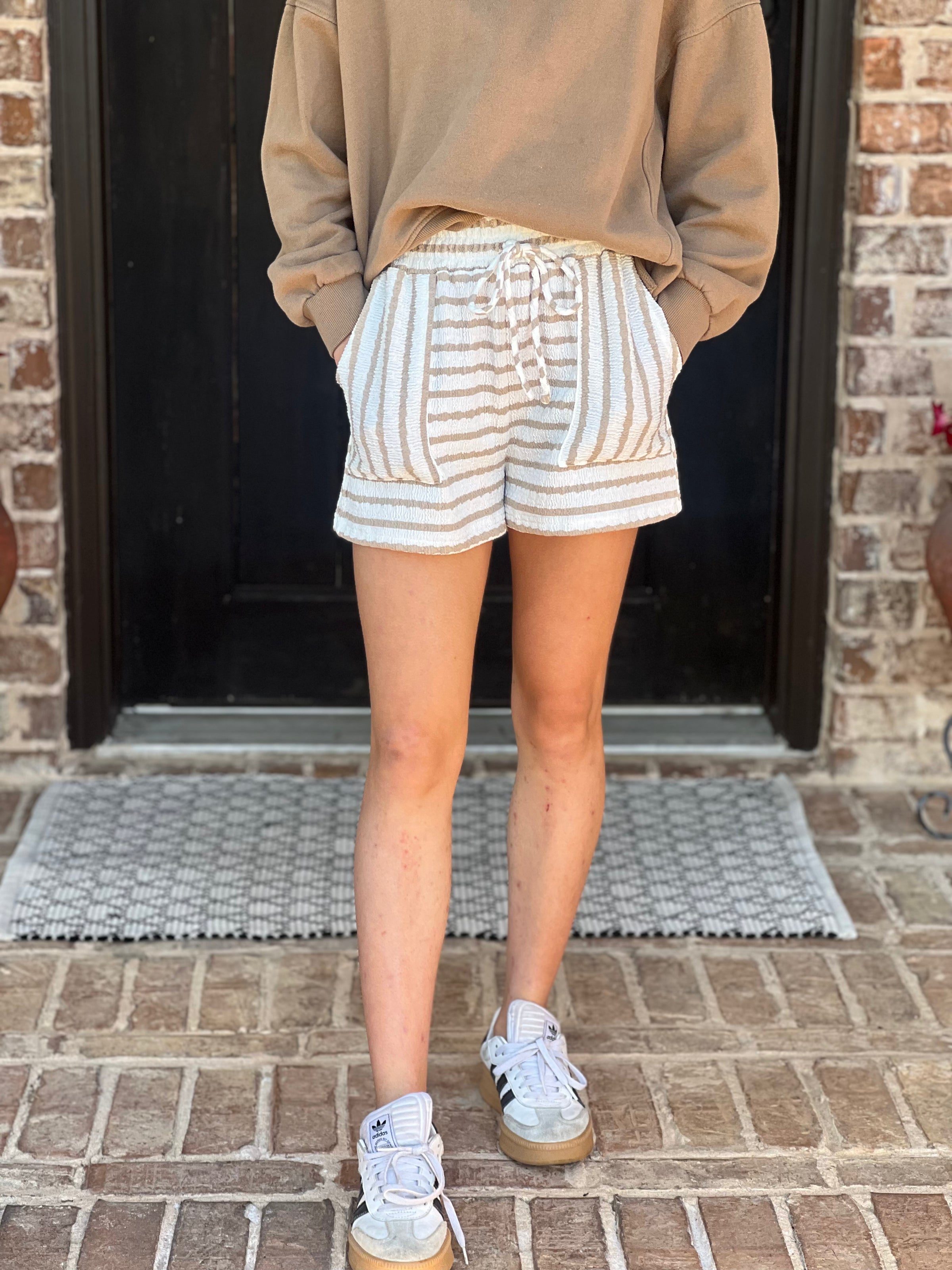Khaki Textured Stripe Knit Shorts