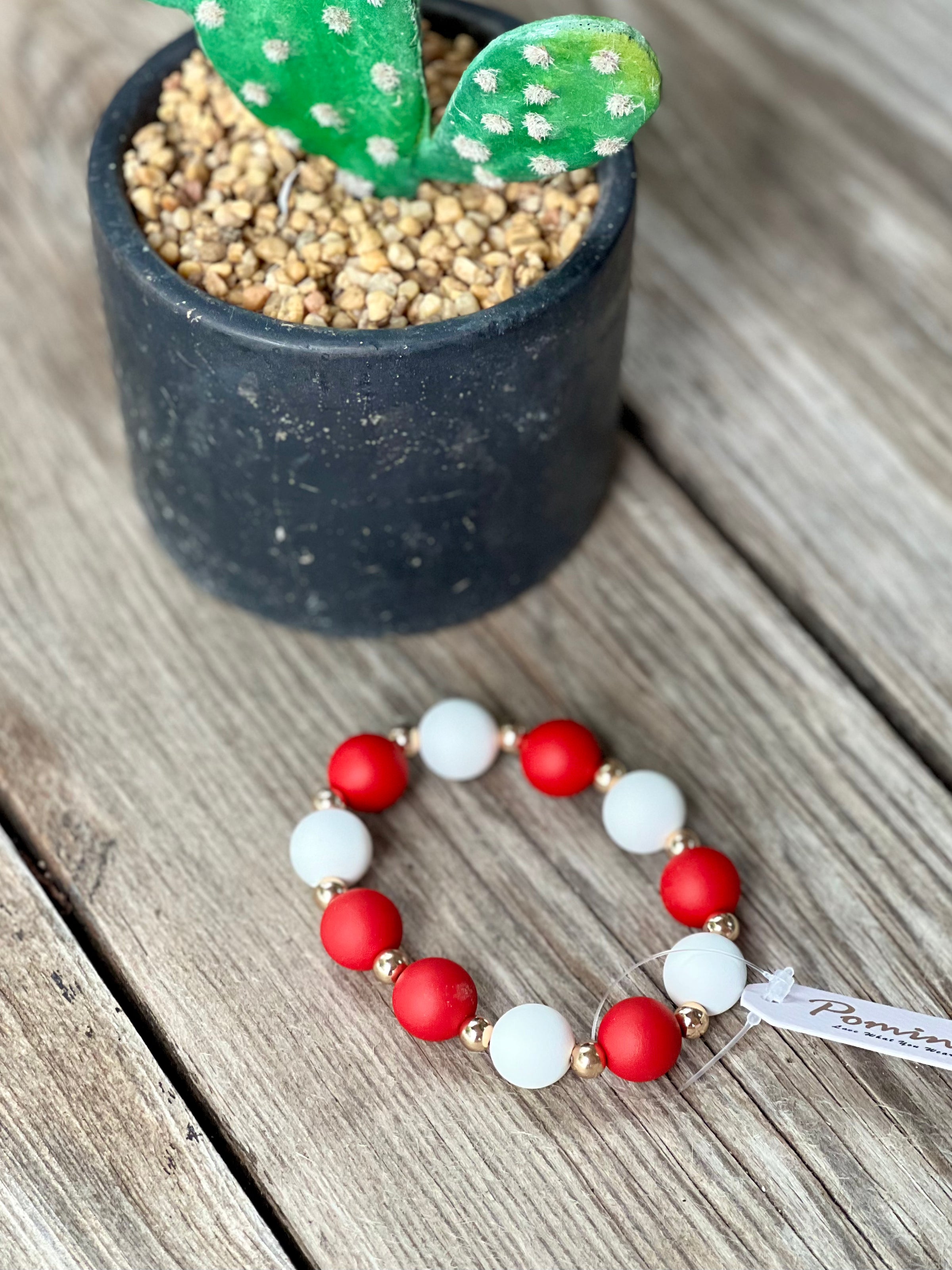 Red & White Ball Bead Stretch Bracelet