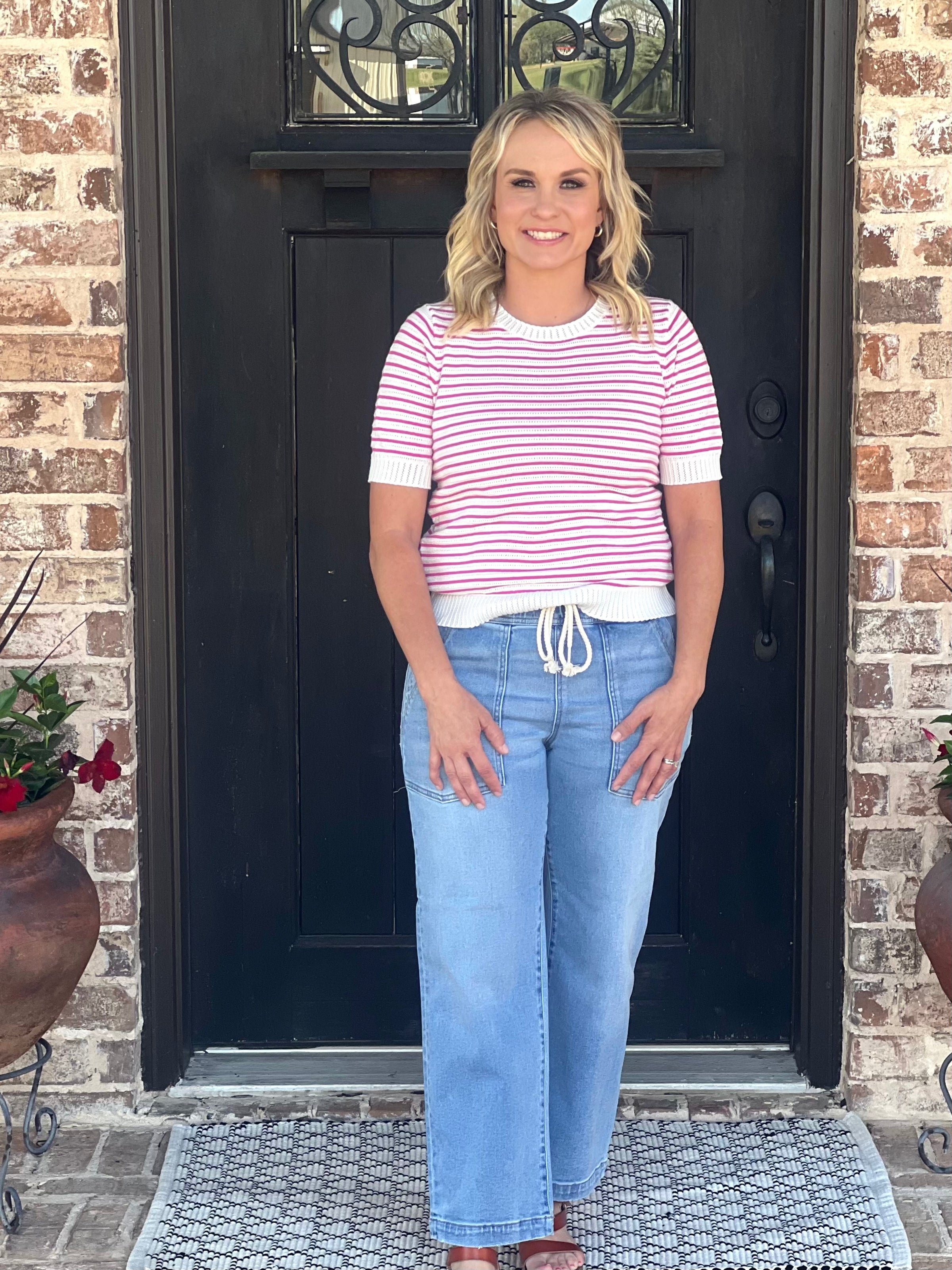 Pink Pointelle Striped Short Sleeve Sweater