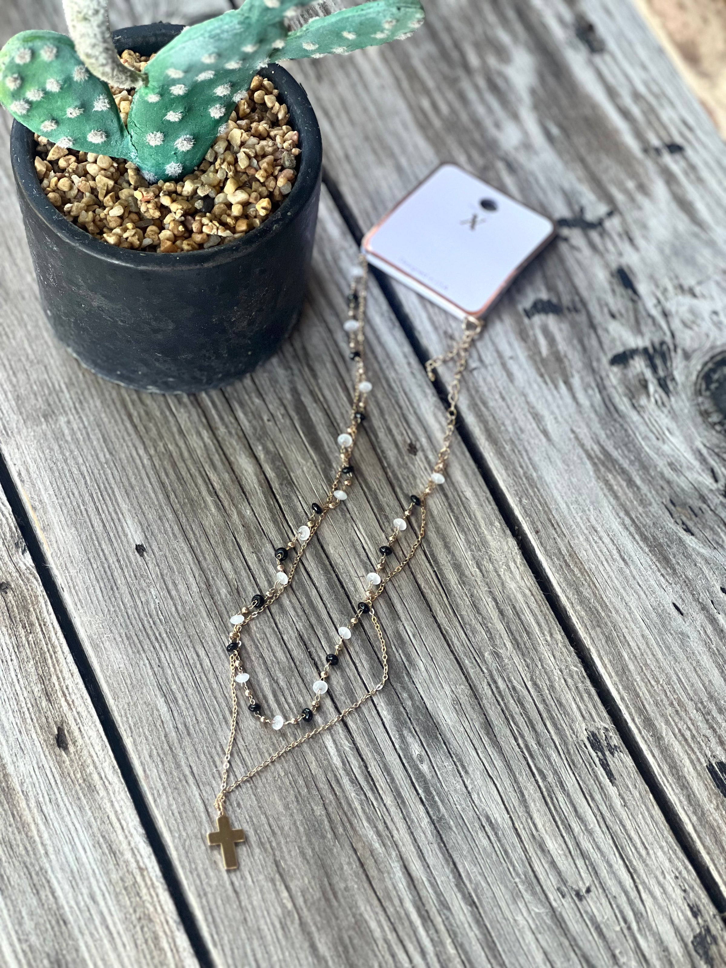 Black & White Bead Cross Layered Necklace