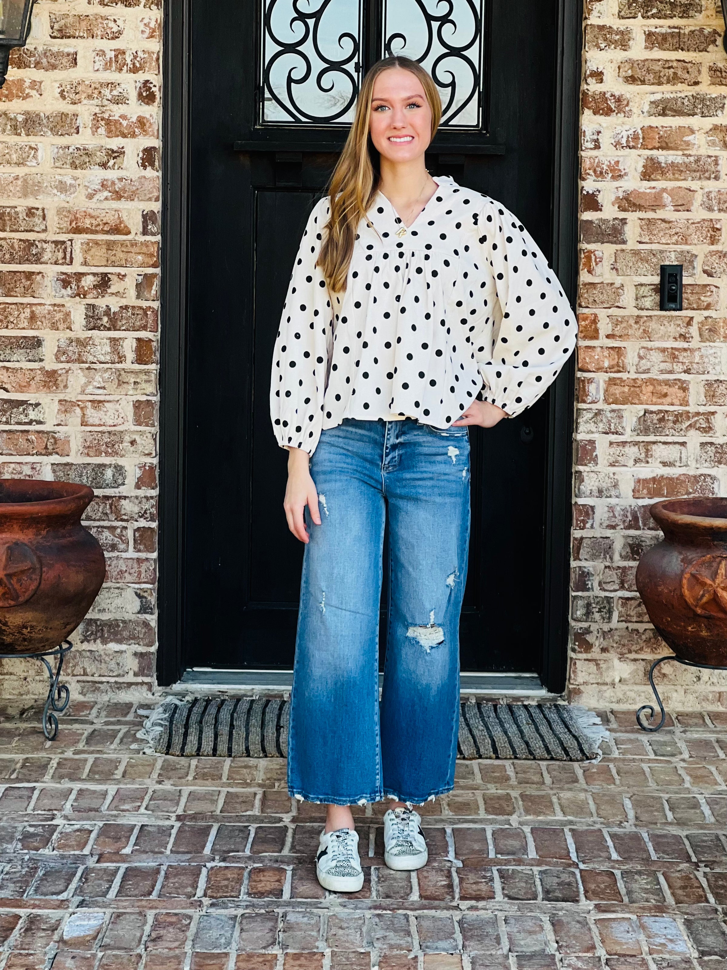 Corduroy Polka Dot 3/4 Sleeve VNeck Top