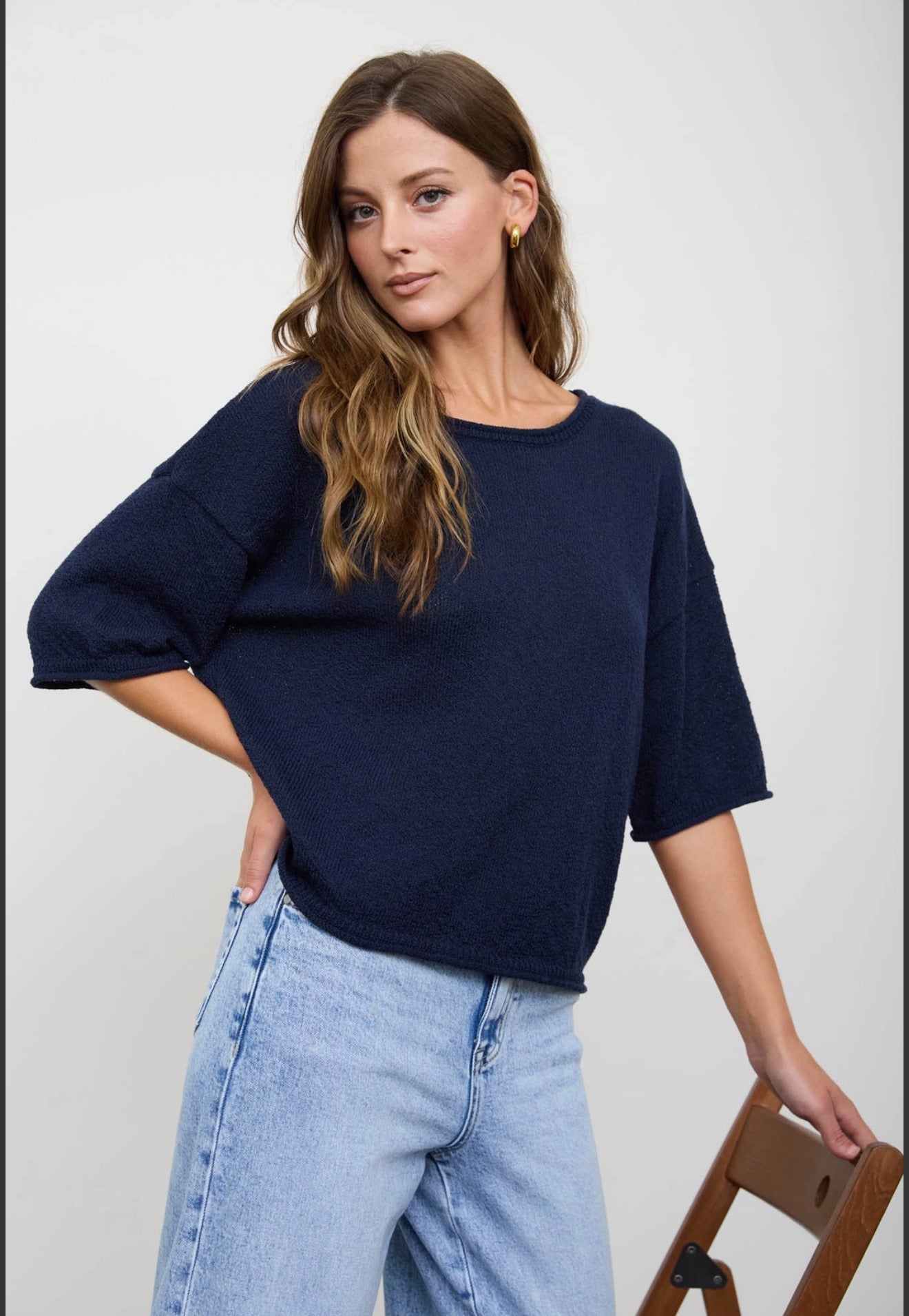 Navy Raw Edge Boxy Short Sleeve Knit Sweater