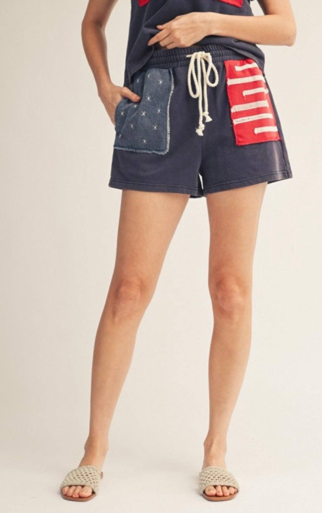 Navy Drawstring Waist American Flag Shorts