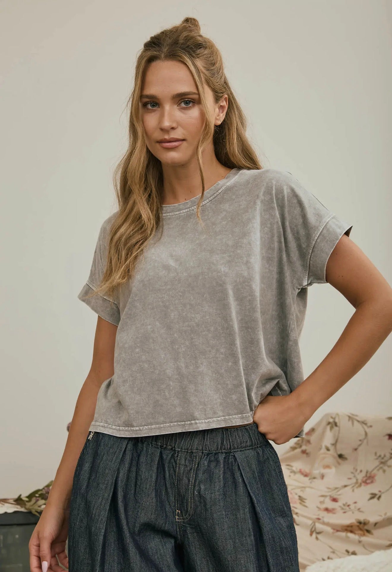 Grey Mineral Washed Short Sleeve Boxy Top