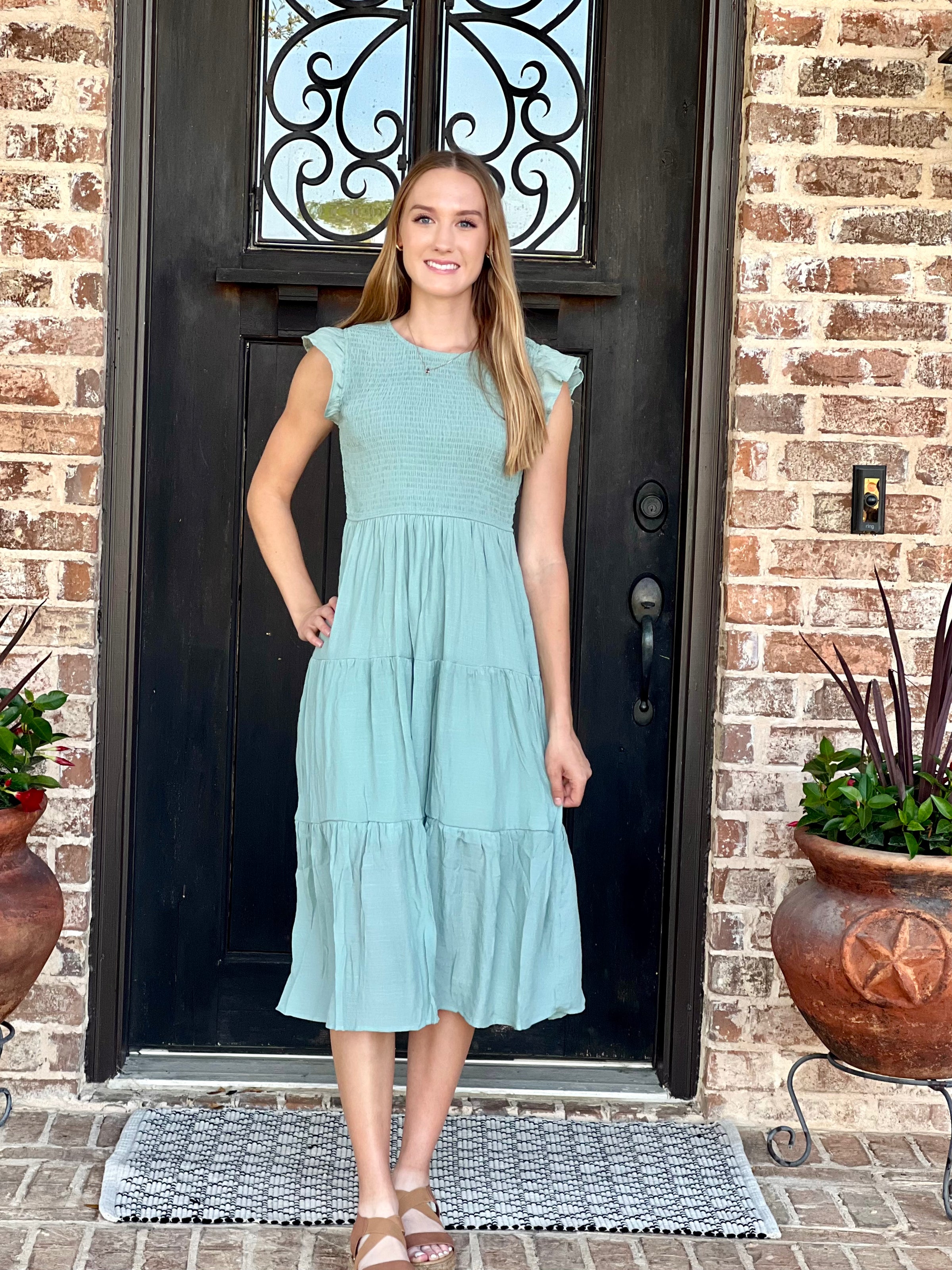 Sage Tiered Short Sleeve Smocked Dress
