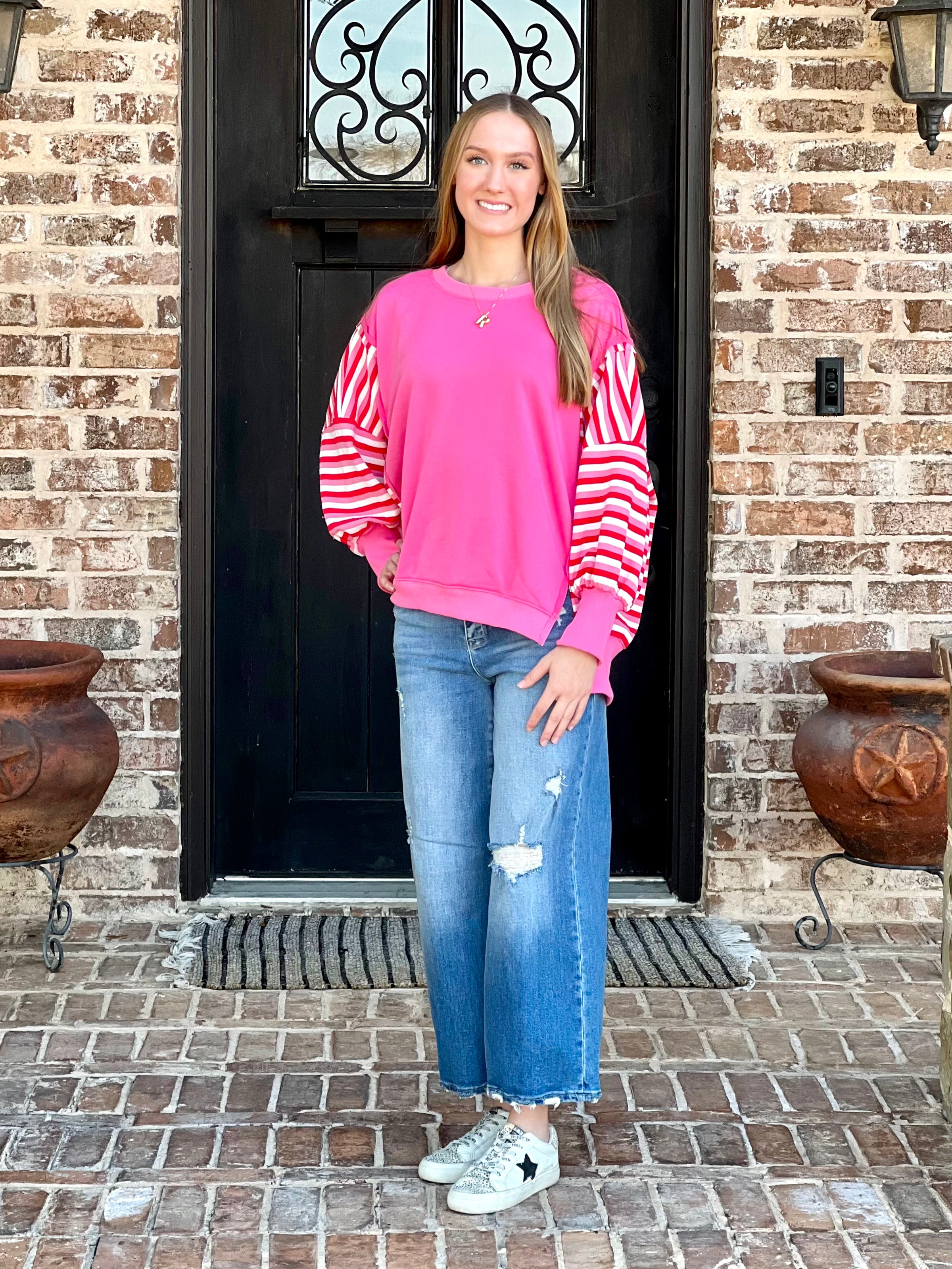 Pink & Red French Terry Striped Top w/ Seam Detail