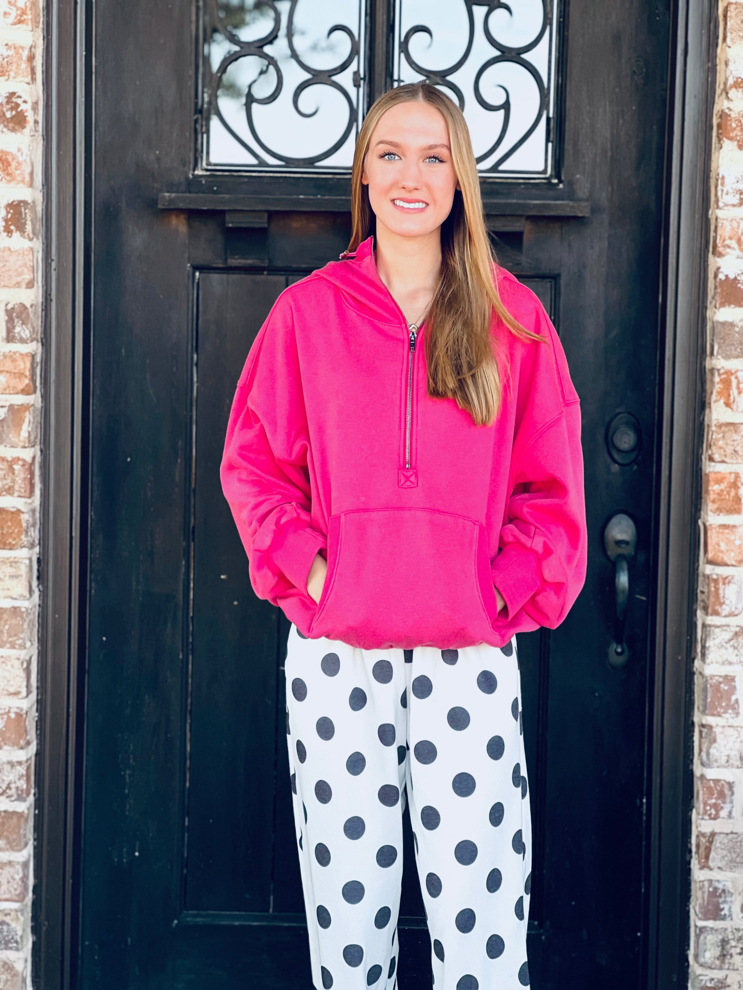 Fuchsia Washed Stitch Half Zip Fleece Hoodie