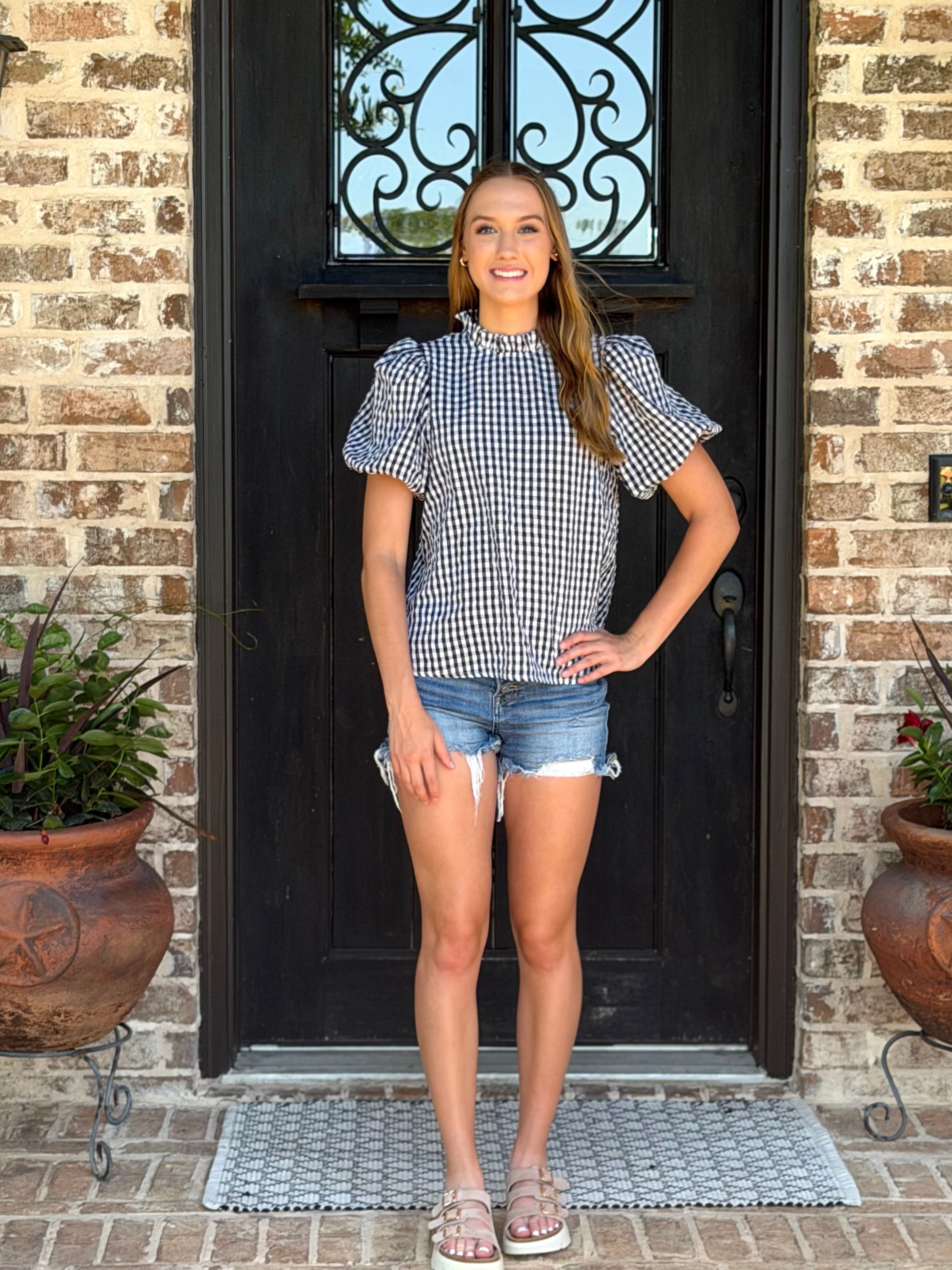 Black Gingham Check Puff Short Sleeve Top