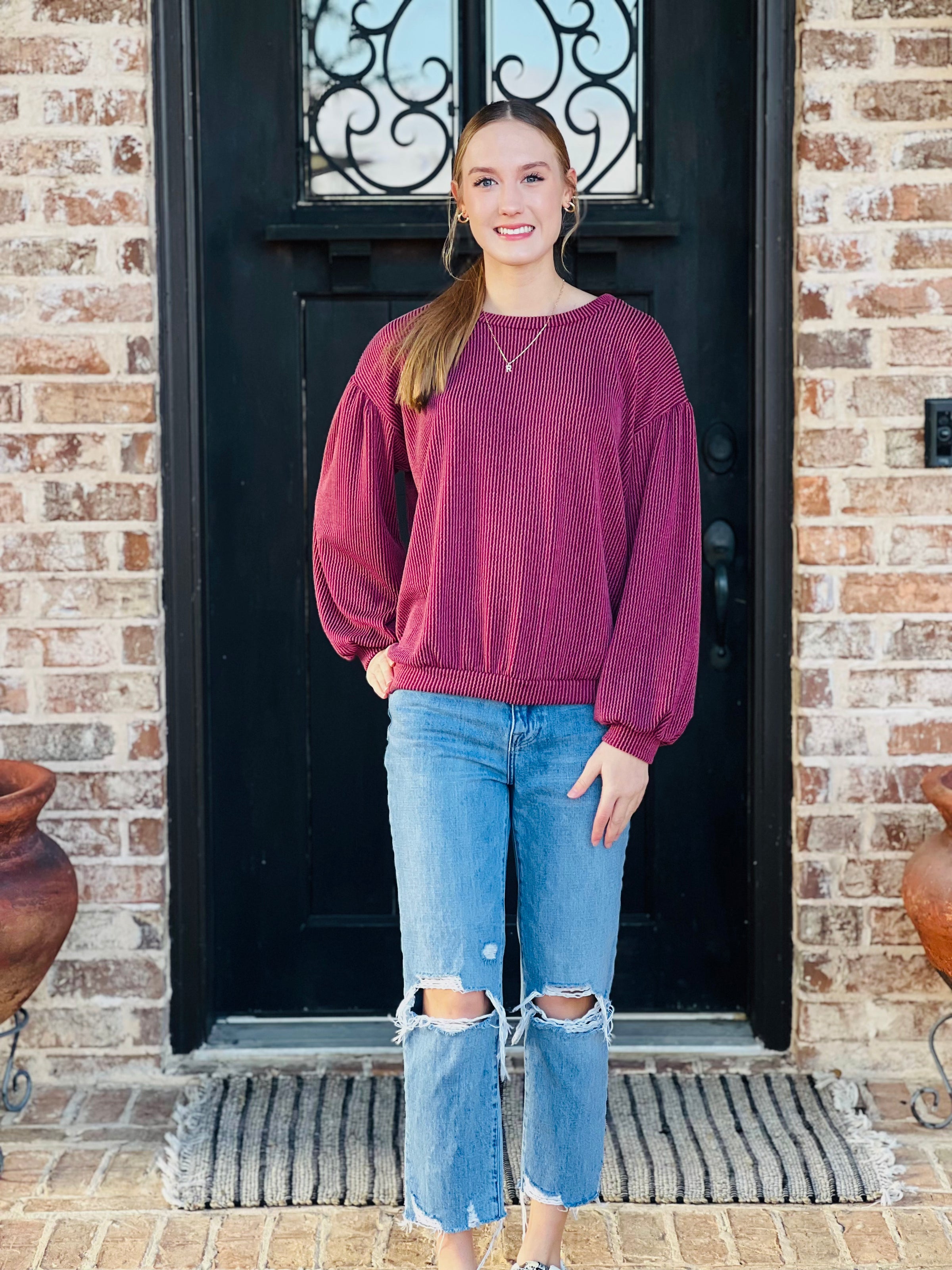 Miranda Burgundy Ribbed Balloon Sleeve Top