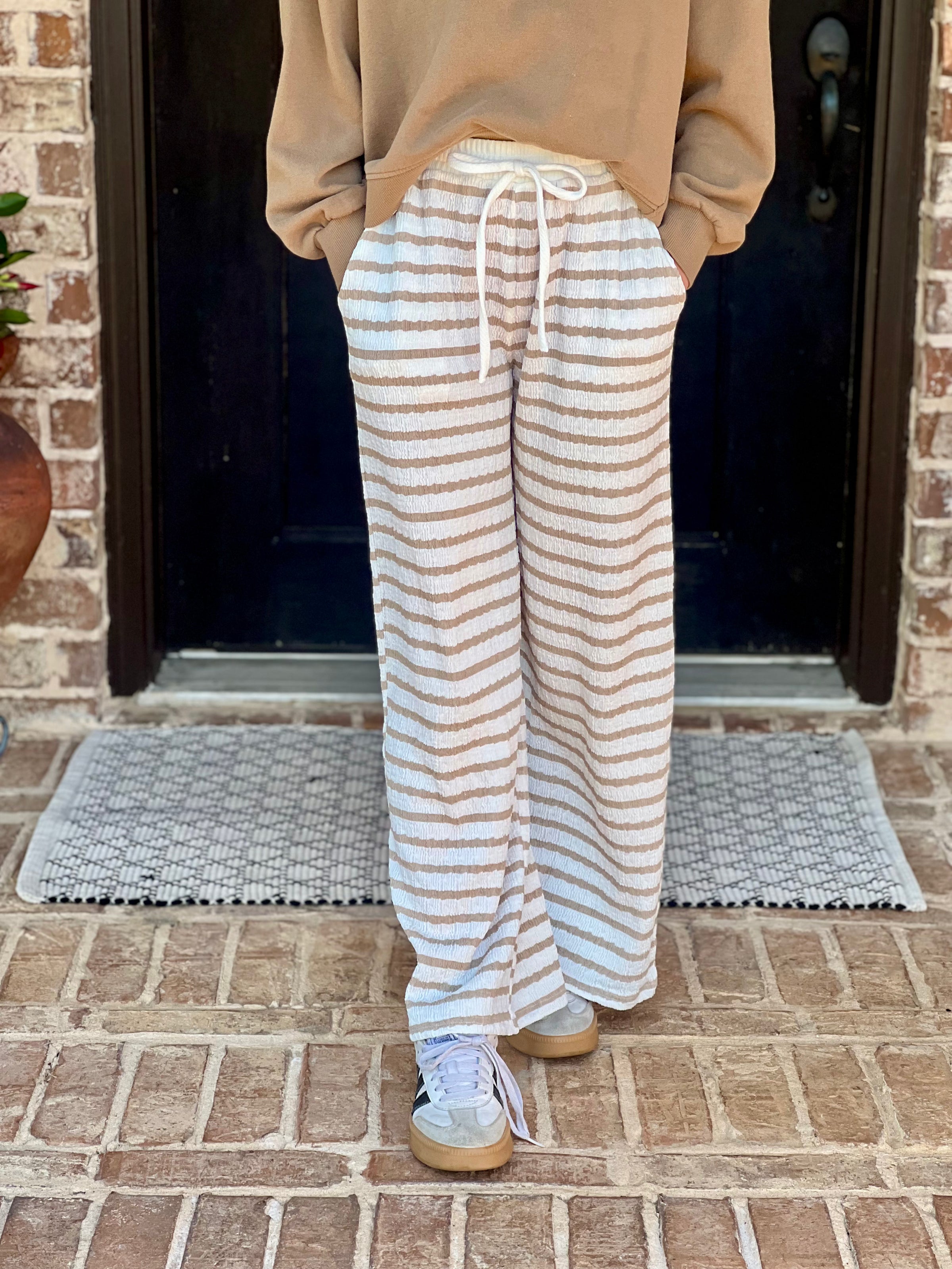 Khaki Textured Stripe Knit Lounge Pants