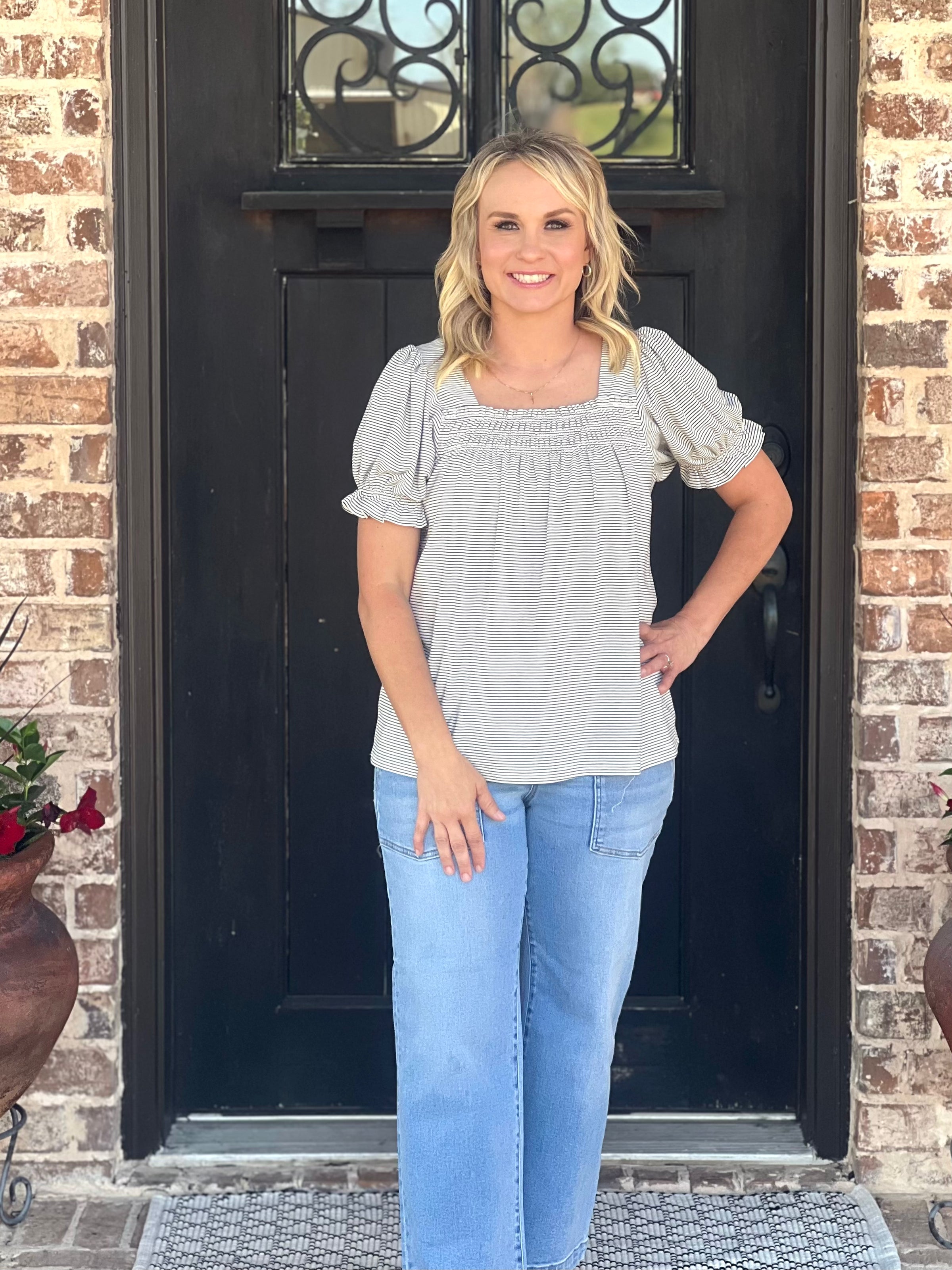 Ivory Pinstripe Smocked Ruffle Sleeve Top