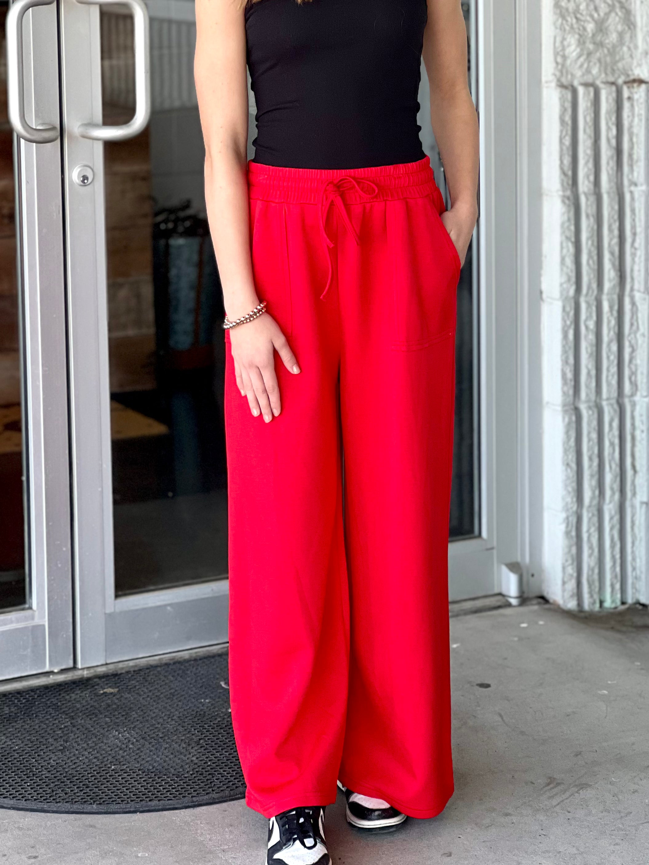 Red Scuba Wide Leg Pants