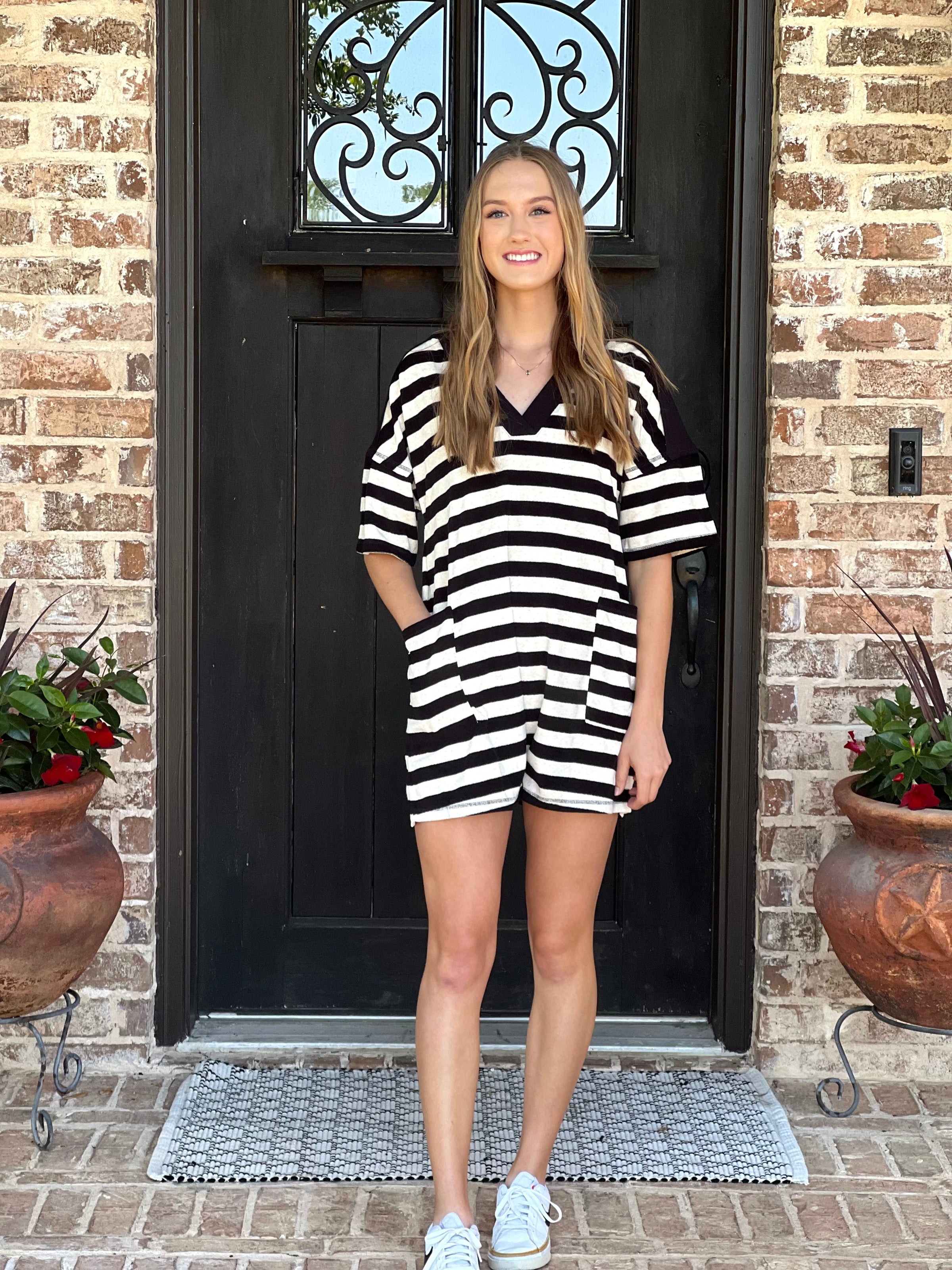 Black & Oat Stripe Casual Knit Romper