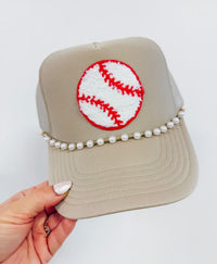 Chenille Baseball Patch Hat with Pearl Chain