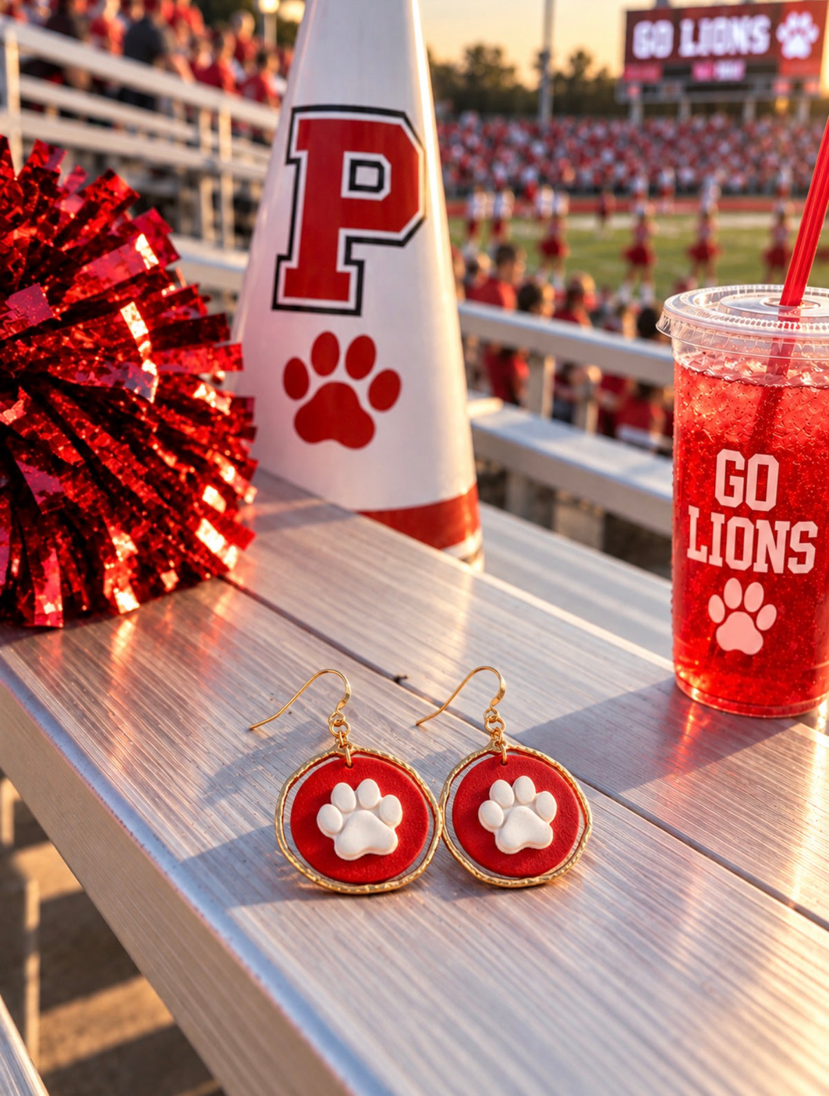 Red & White| Pawprint | Gameday | Gold Drop Earrings