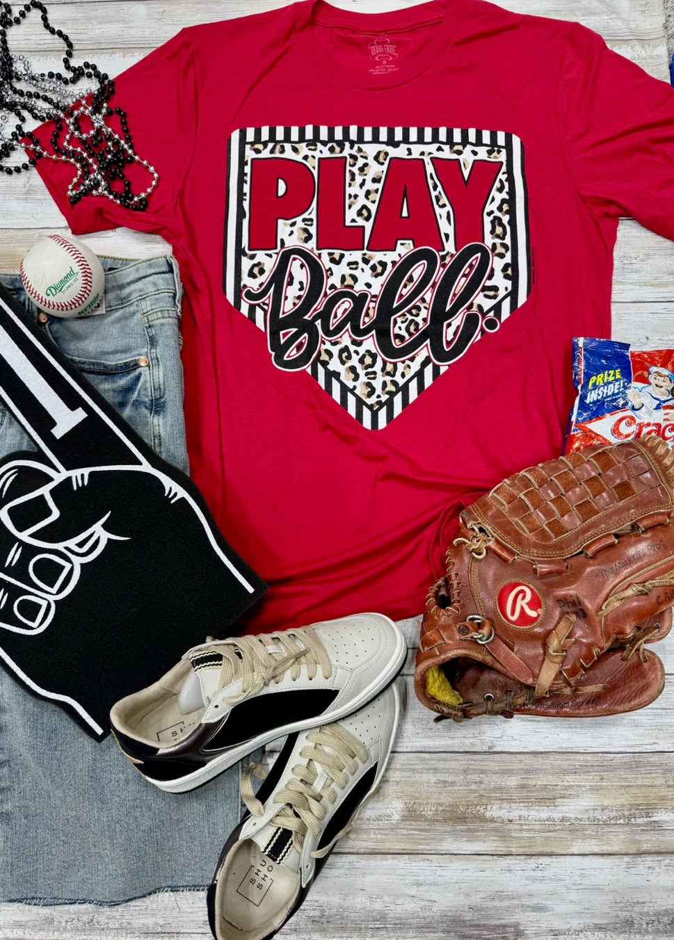 Red Play Ball Leopard Homeplate Tee