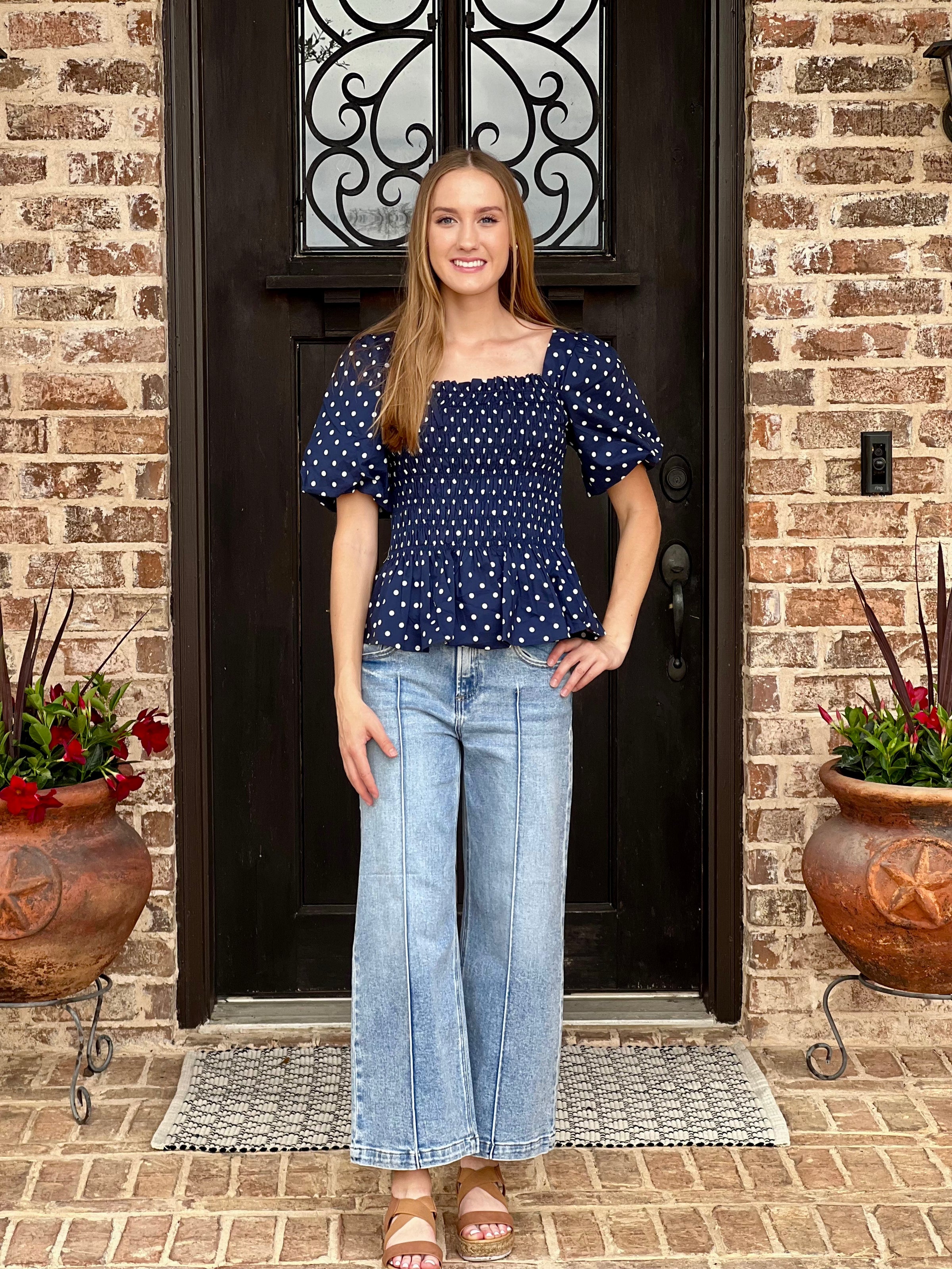 Kloey Navy Polka Dot Smock Top