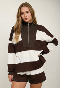 Brown Wide Stripe 1/4 Zip Set
