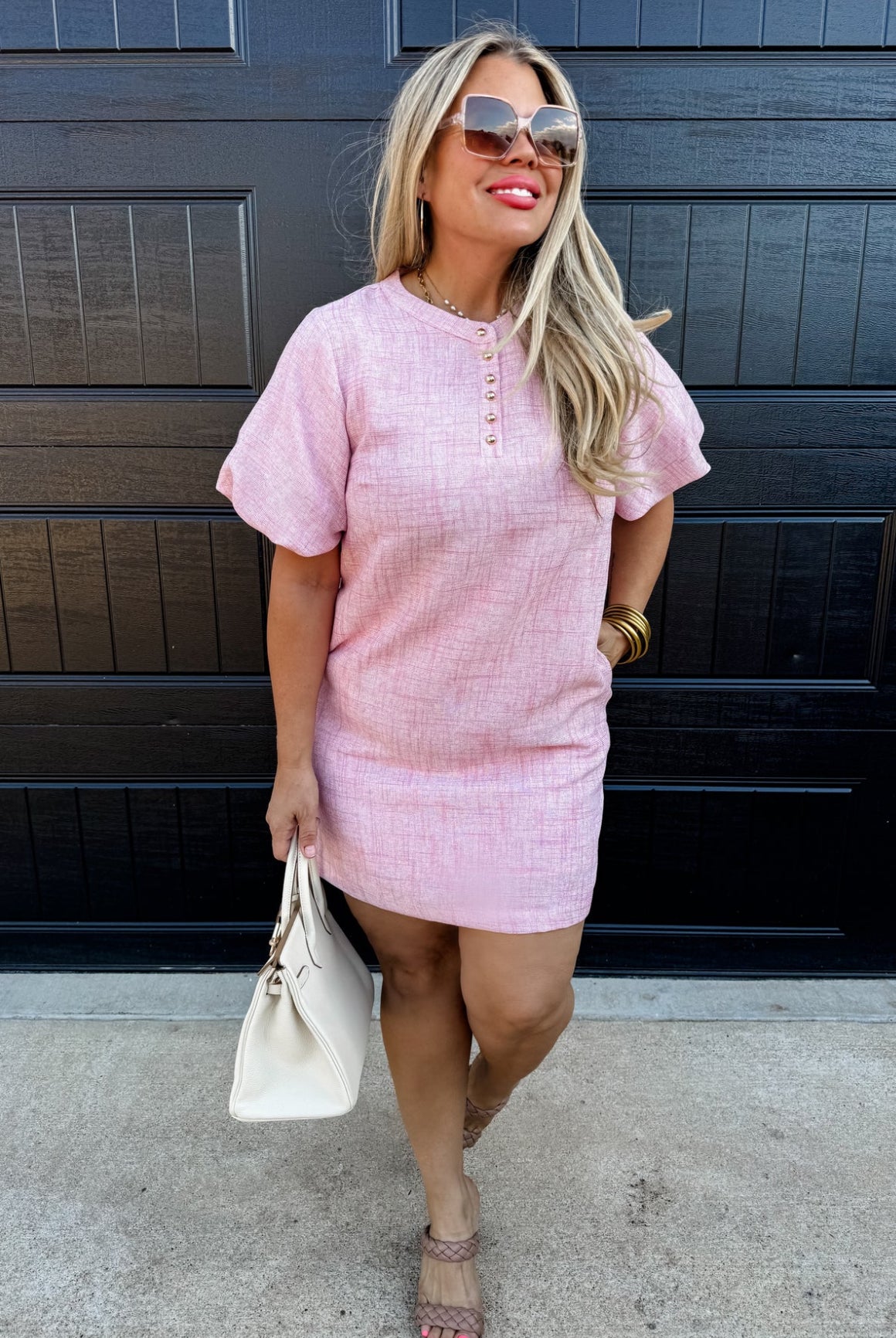 Jackie Pink Bubble Sleeve Dress