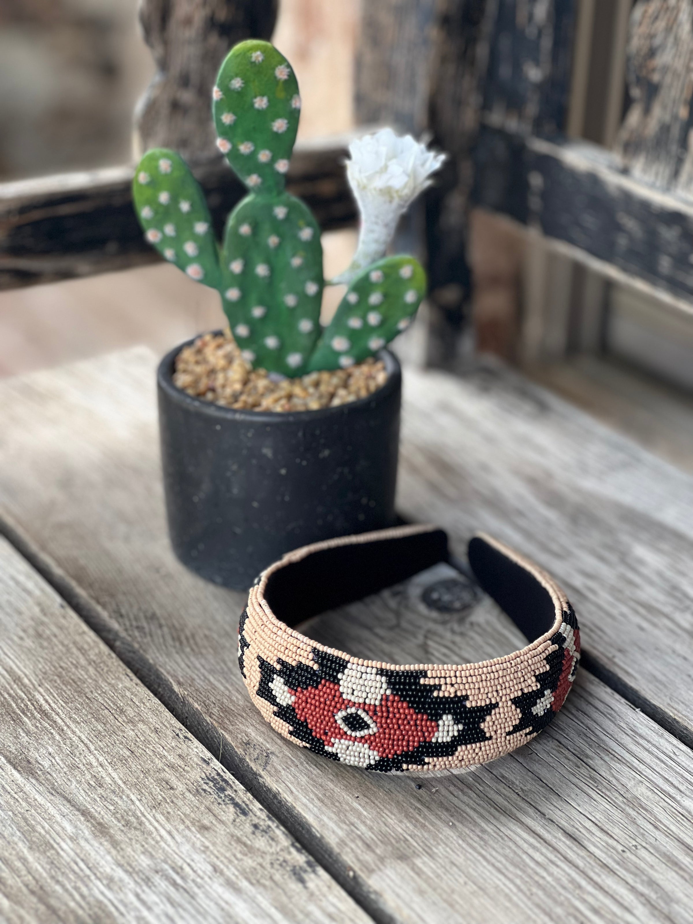 Tan, Rust & Black Beaded Aztec Headband
