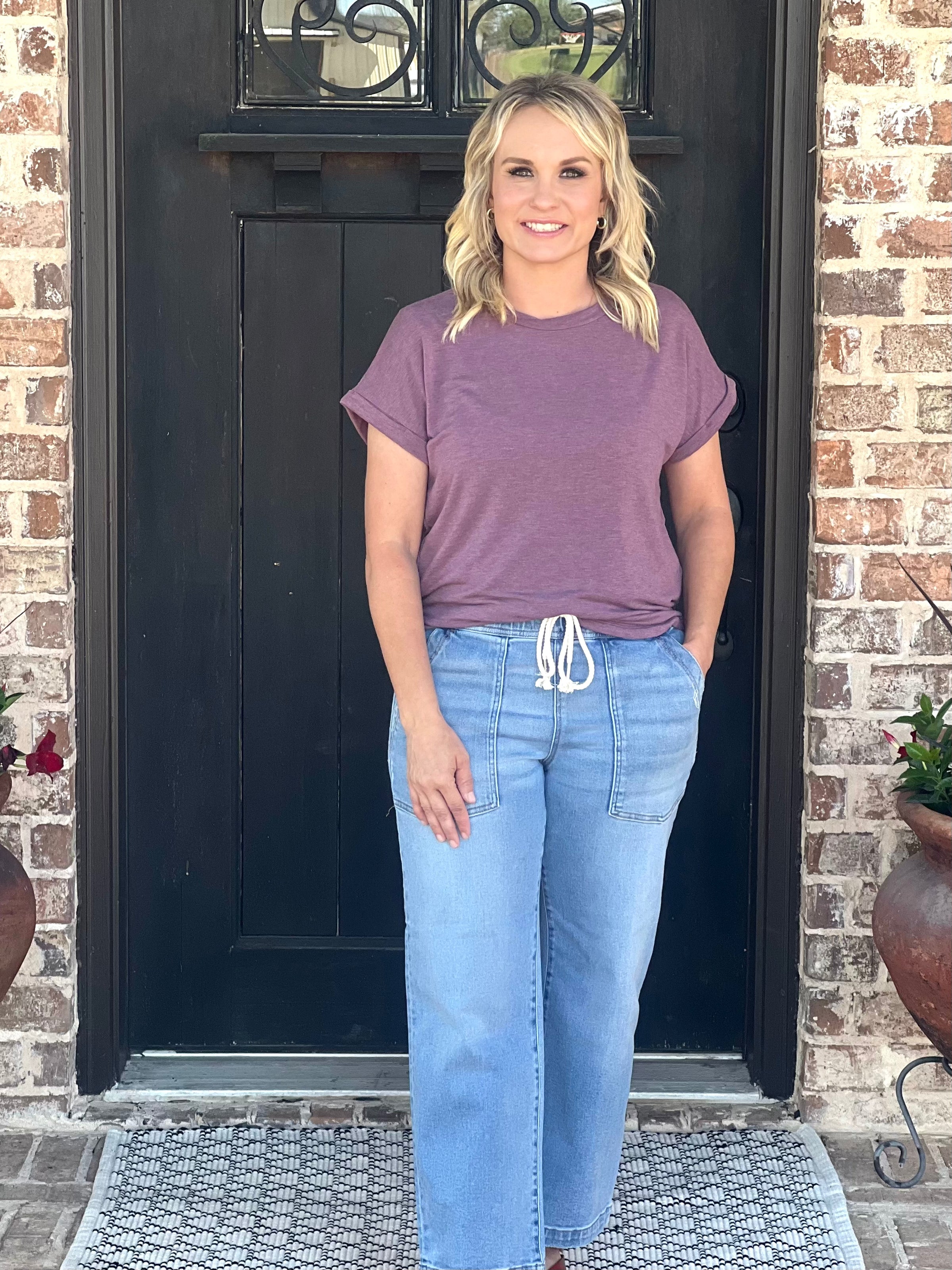 Plum Rollup Short Sleeve Soft Knit Top