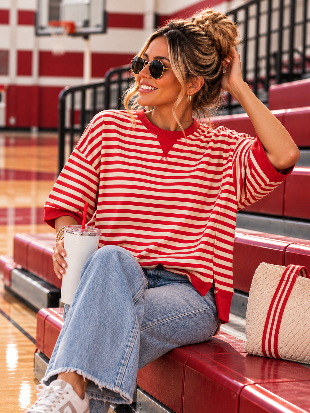 Red & Cream Oversized Stripe Casual Knit Top