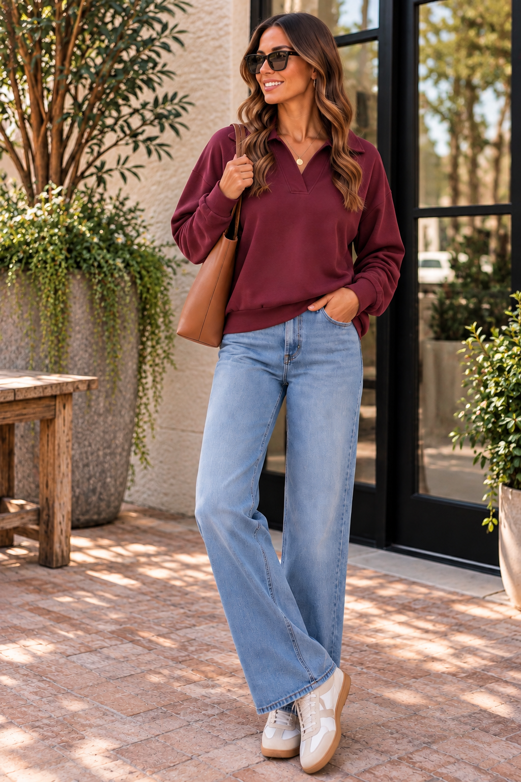 Merlot Collared V-Neck Pullover