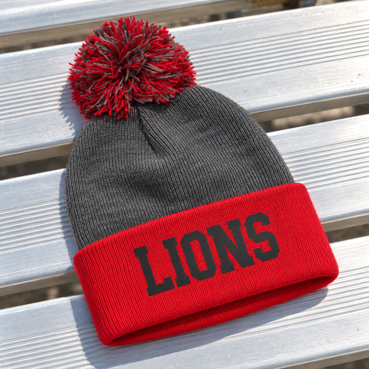 Lions Embroidered Cuffed Pom Beanie