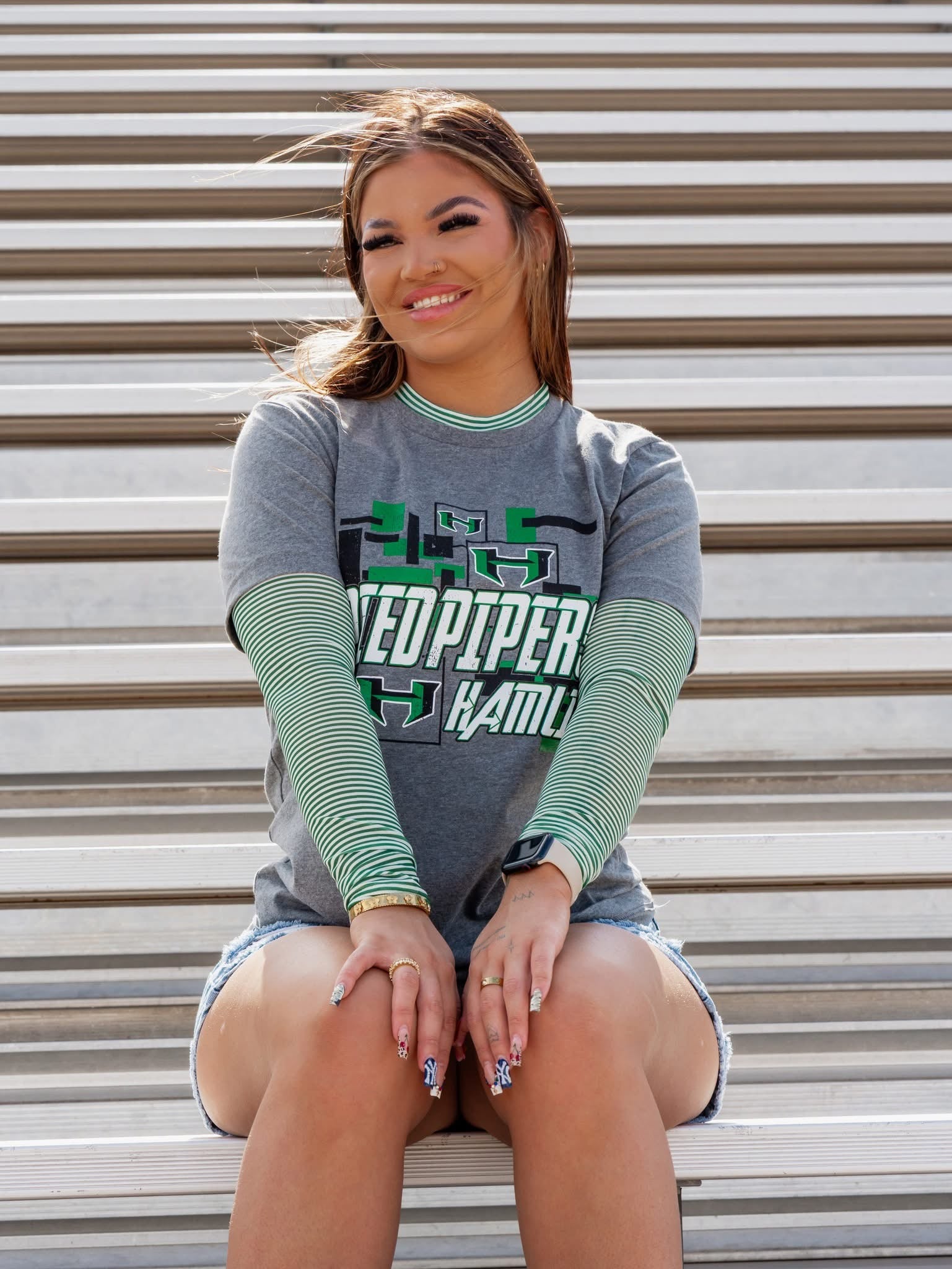 Green Gameday Striped Mesh Top