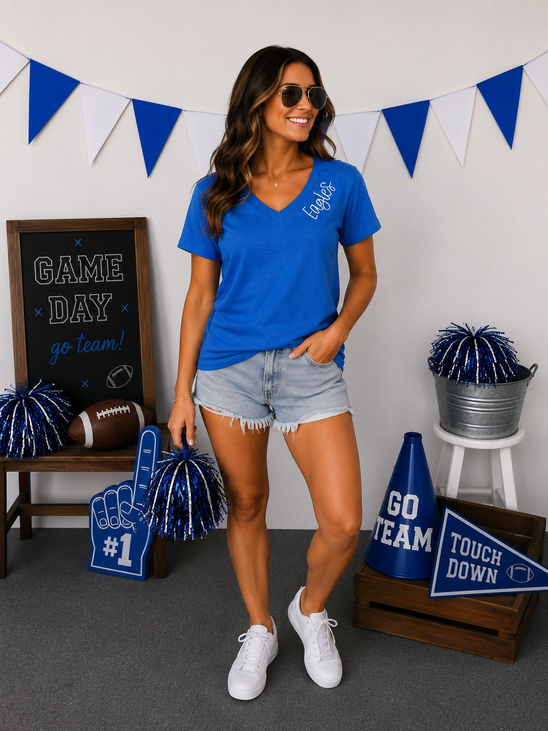 Blue Embroidered Eagles VNeck Tee