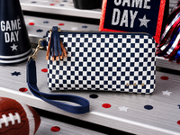 Navy Checkered Emma Woven Clutch Wristlet