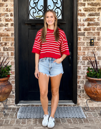 Red Stripe Raw Edge Short Sleeve Sweater