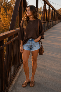 Chocolate Raw Edge Boxy Short Sleeve Knit Sweater