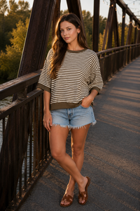 Mocha Textured Stripe Drop Shoulder Knit Top