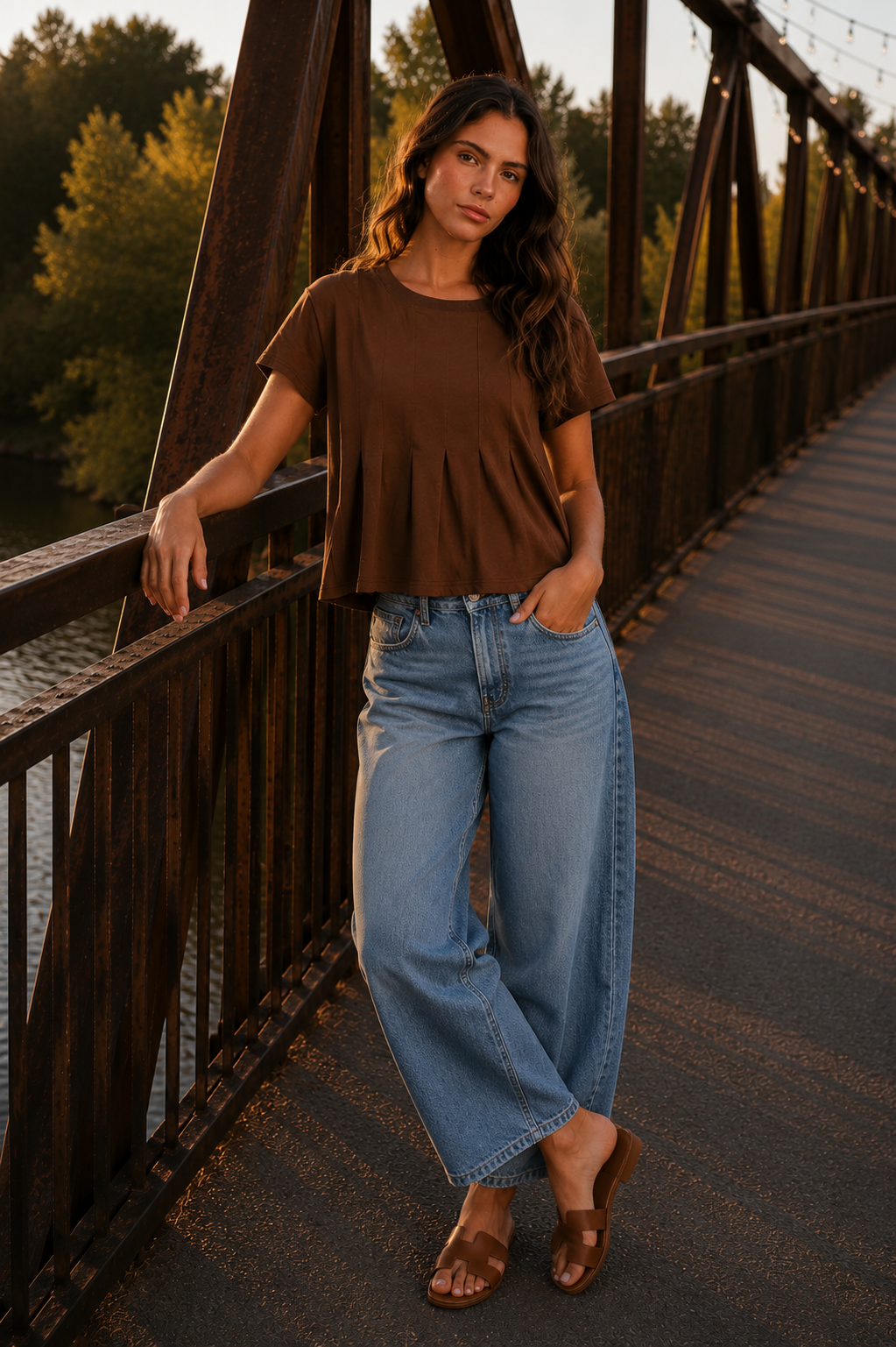 Brown Pleated Swing Tee Top