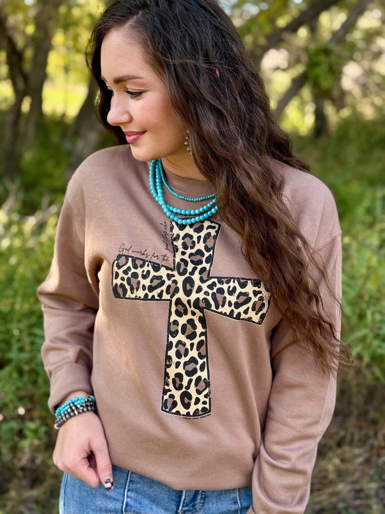 Leopard Cross on Latte Sweatshirt