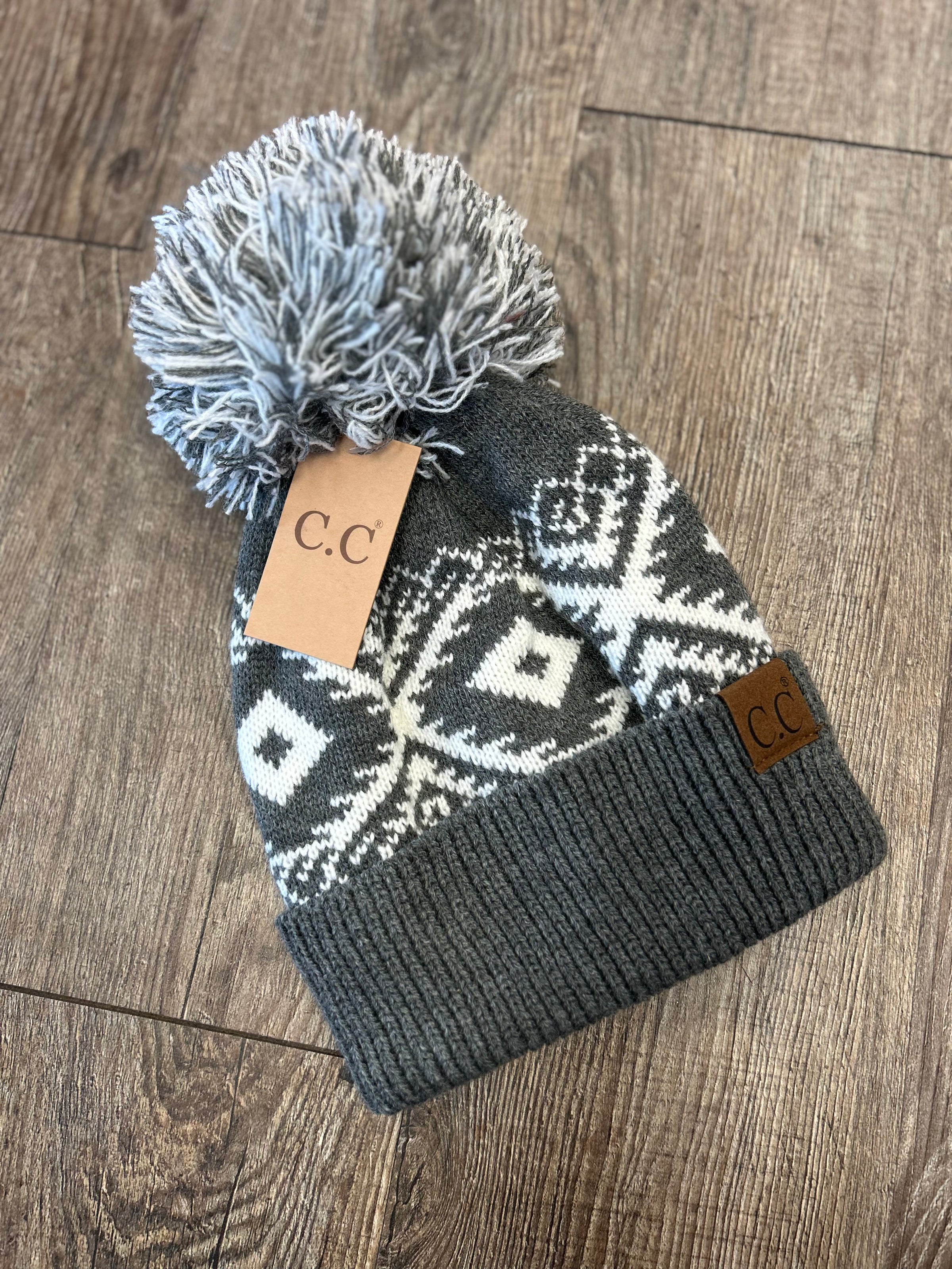 Grey Aztec String Pom Beanies